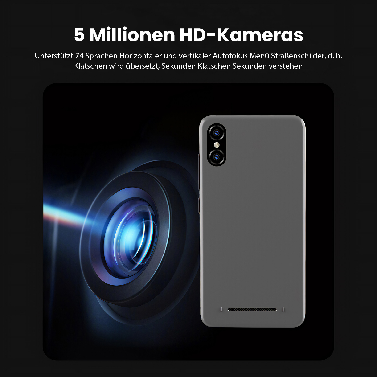 Auf der rechten Seite ein Smartphone mit Dual-Kameras, links eine Kameralinse mit blauem Licht.