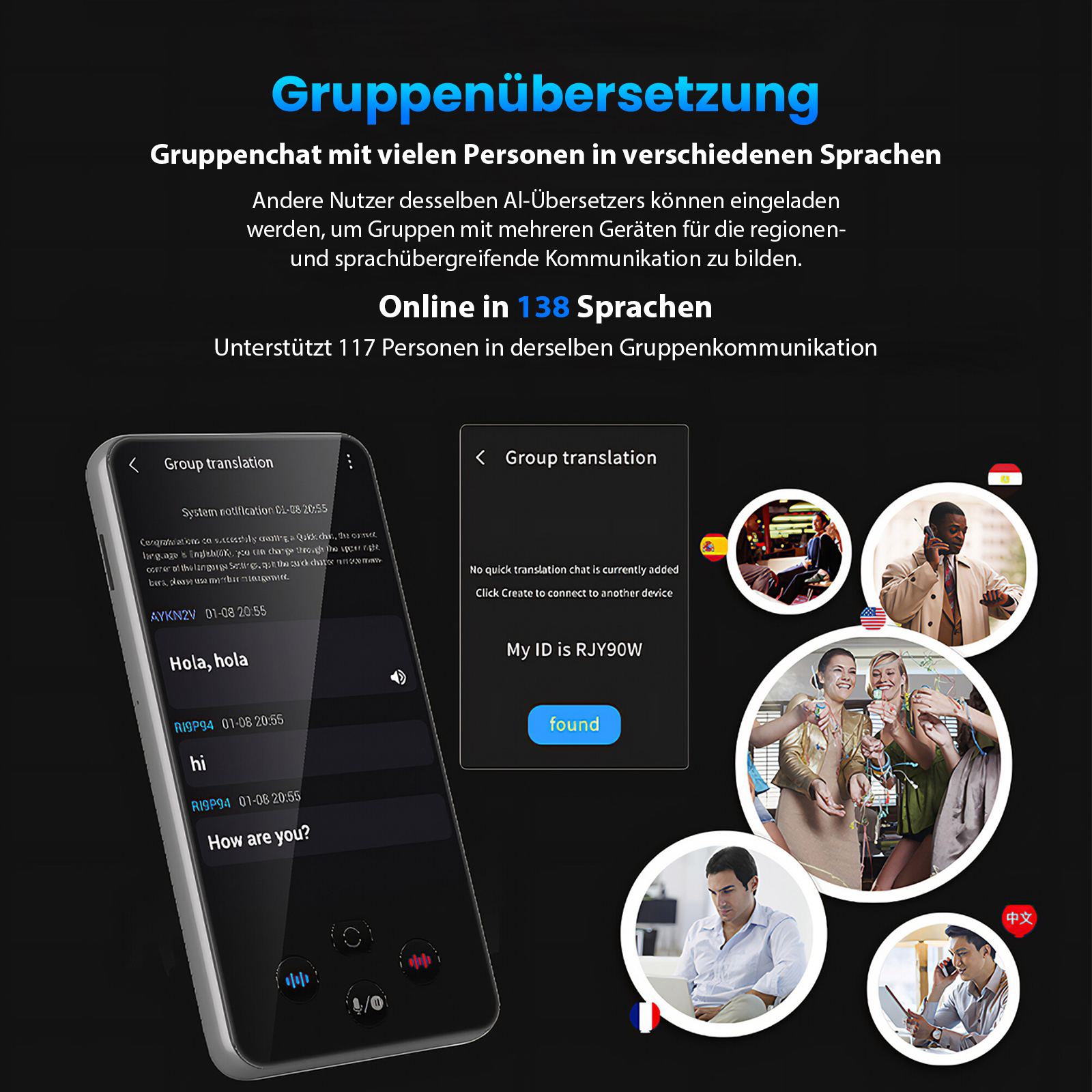 Ein Telefon zeigt einen Übersetzungs-Chat mit Profilen von Personen in Kreisen, Flaggen und Text. Gruppenübersetzung.