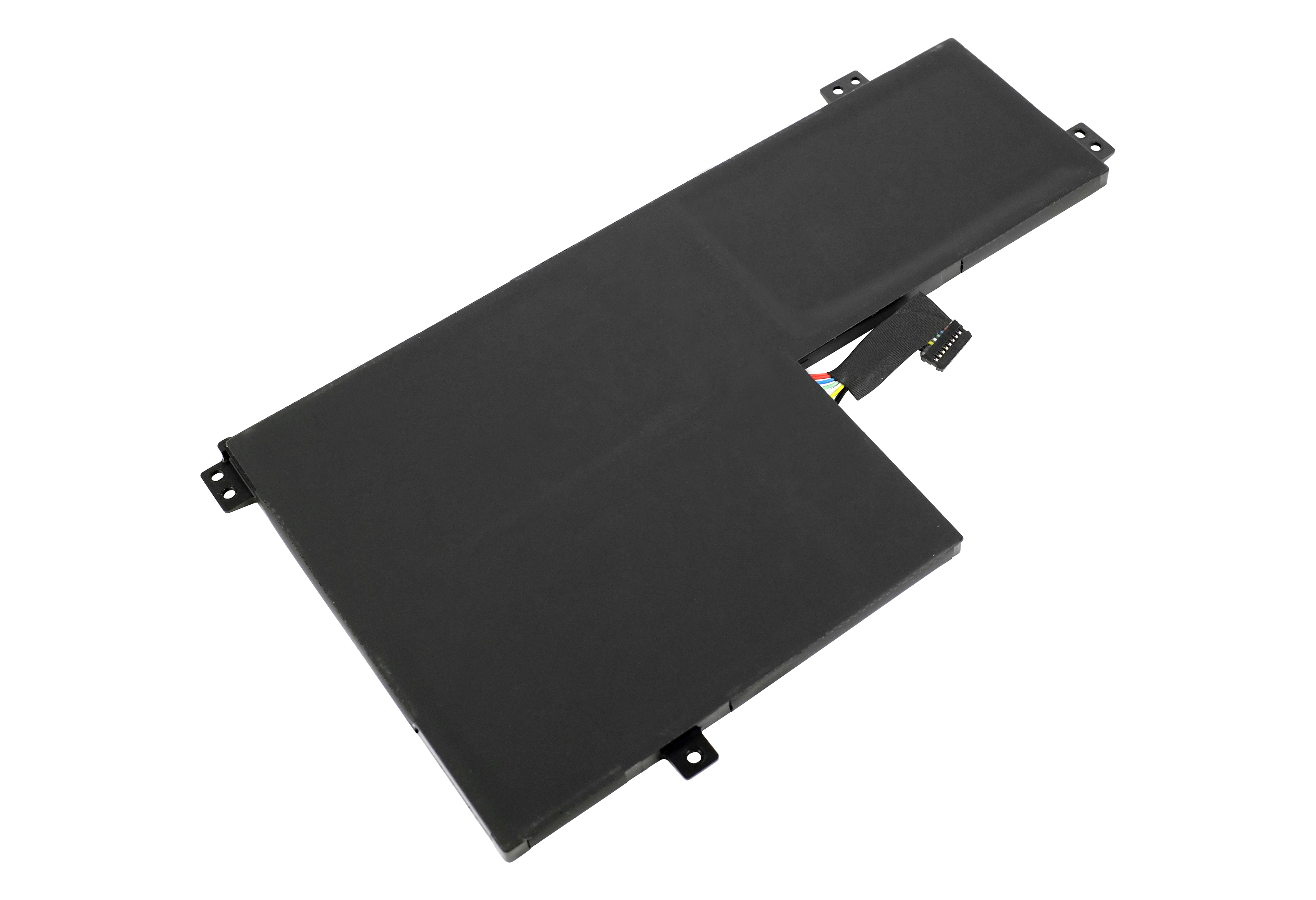Ein schwarzer Laptop-Akku auf weißem Hintergrund. Er hat einen Stecker und Halterungen.
