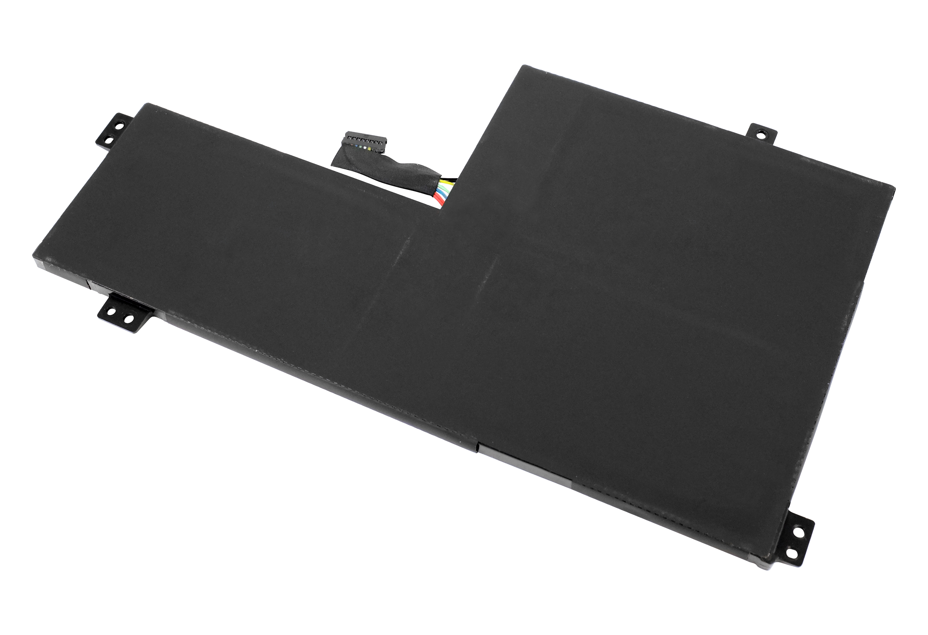 Schwarzer Laptop-Akku mit Stecker und Kabeln. Der Akku ist rechteckig mit Halterungen.