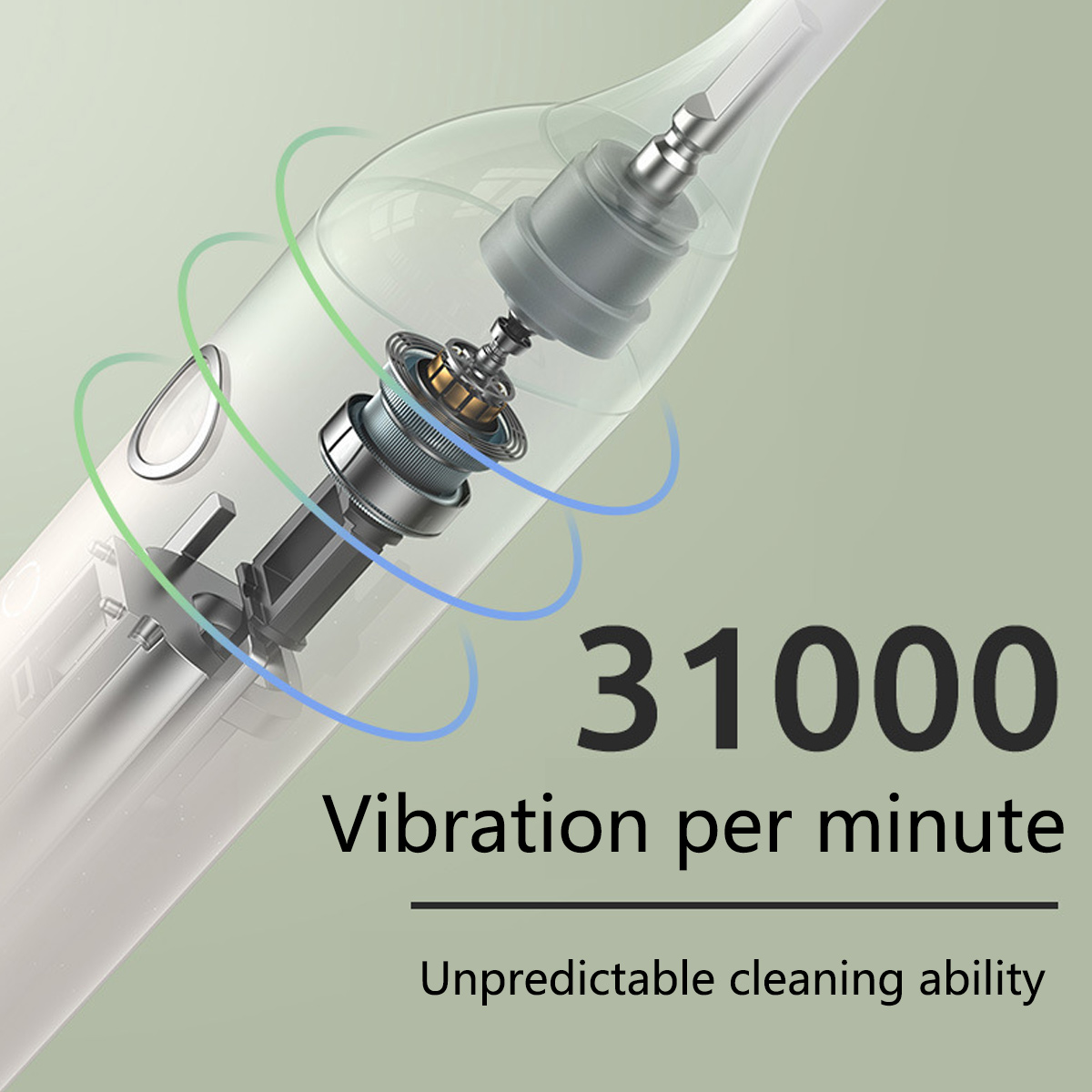 Ein Querschnitt durch eine elektrische Zahnbürste zeigt die inneren Komponenten. Der Text lautet: '31000 Vibrationen pro Minute. Unvorhersehbare Reinigungsfähigkeit'.