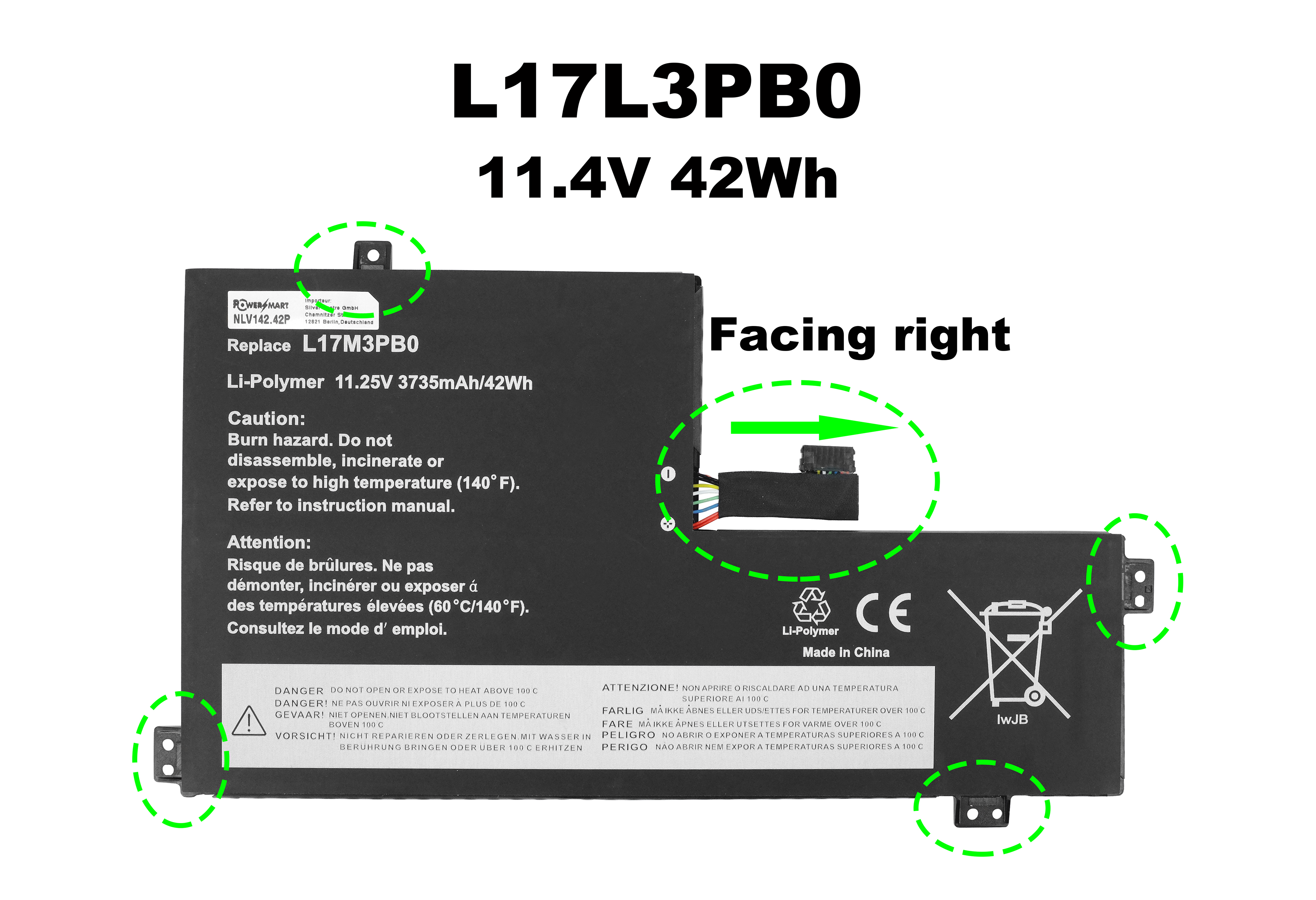 Schwarzer Laptop-Akku mit Warnhinweisen. Text enthält 'L17L3PB0', '11.4V 42Wh' und 'Li-Polymer'.