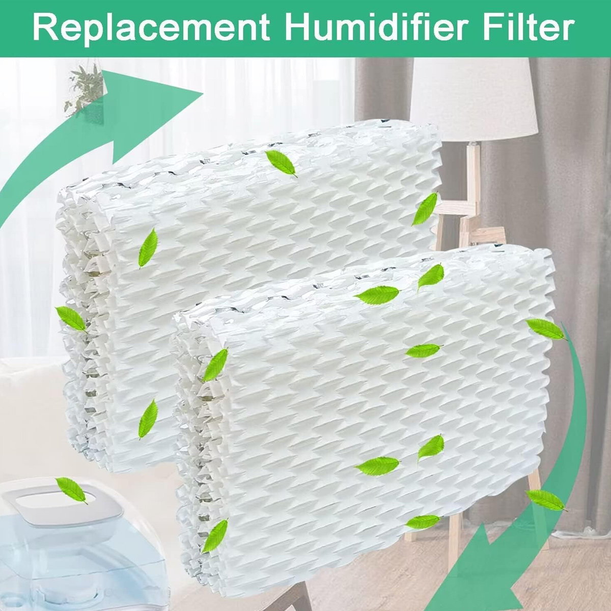 Zwei Luftbefeuchterfilter mit grünen Blättern und einem Pfeil. Text: 'Ersatz-Luftbefeuchterfilter'.