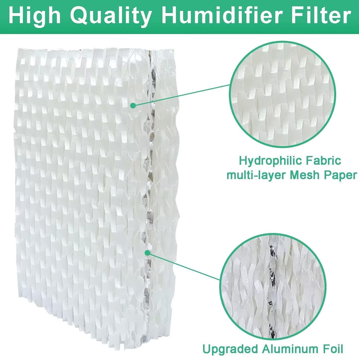 Ein weißer Luftbefeuchterfilter mit Wabenstruktur. Zwei kreisförmige Einsätze zeigen Details von Mesh-Papier und Aluminiumfolie.