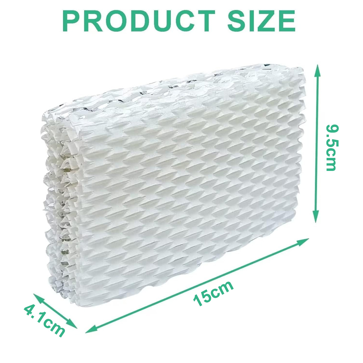 Weißer Luftbefeuchterfilter. Abmessungen sind 15 cm x 9,5 cm x 4,1 cm. Text 'PRODUCT SIZE' steht oben.