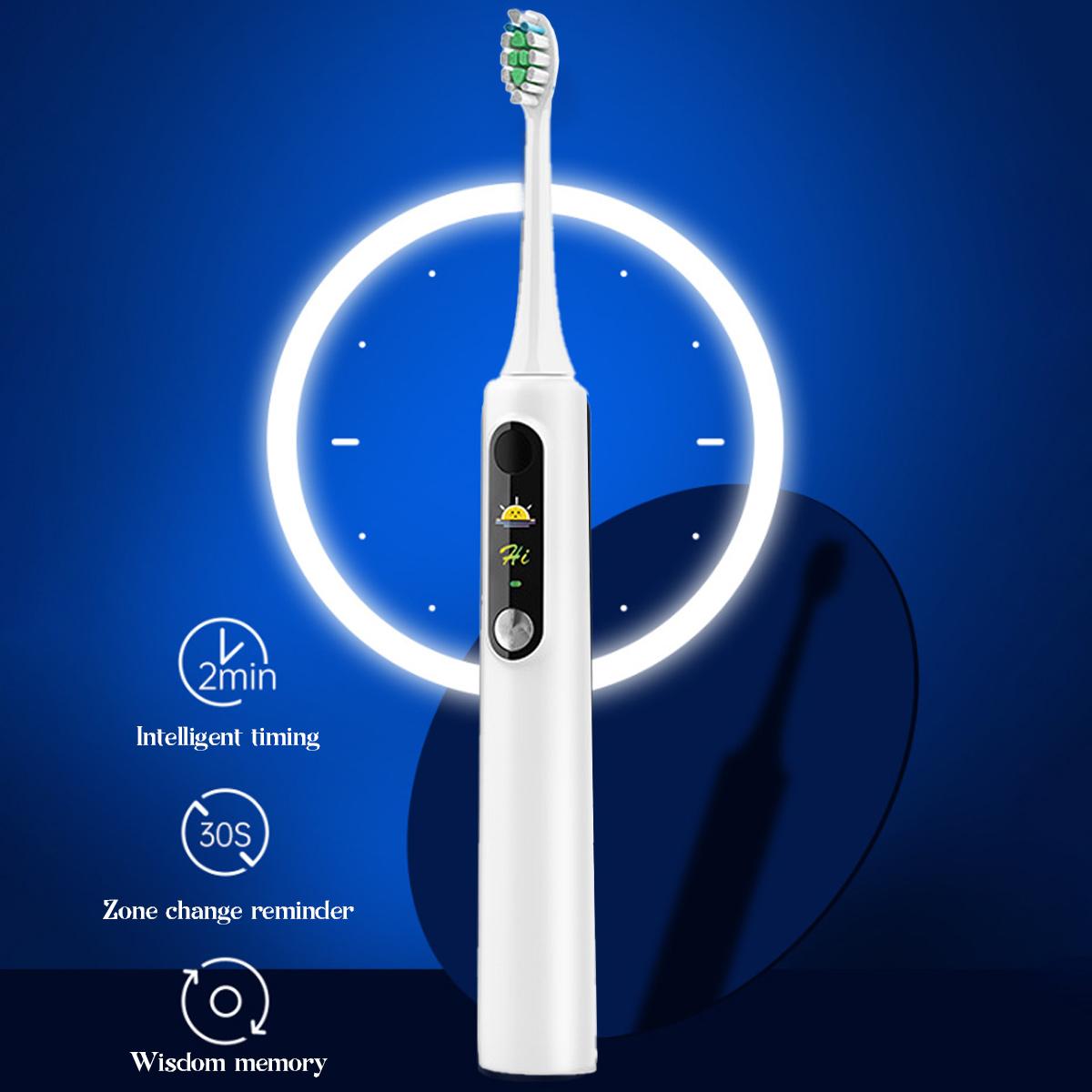Eine weiße elektrische Zahnbürste mit grünem Bürstenkopf vor blauem Hintergrund mit uhrähnlichem Design.