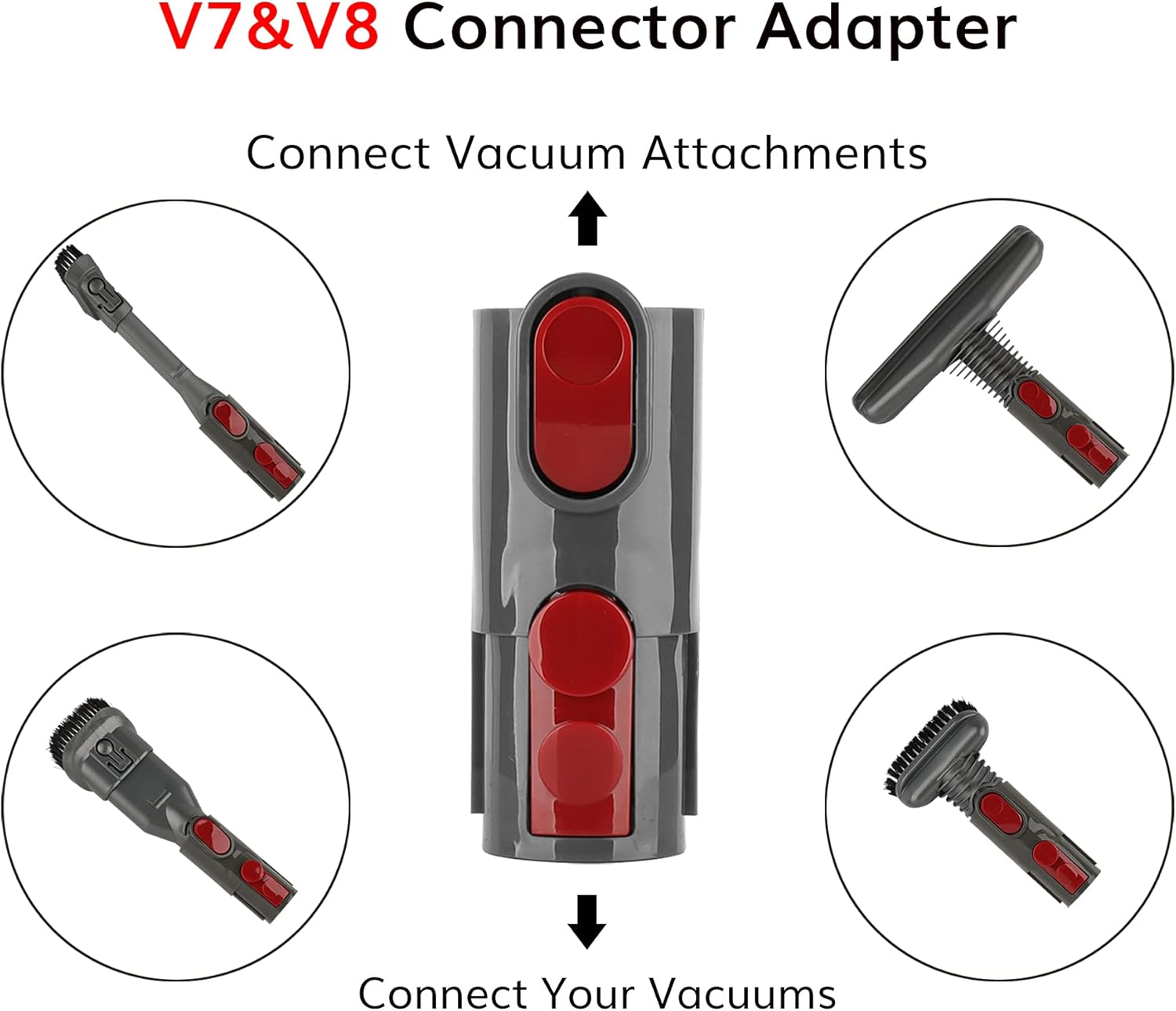 Das Bild zeigt einen V7&V8-Anschlussadapter mit Staubsaugeraufsätzen. Text zeigt das Verbinden von Staubsaugern und Zubehör.