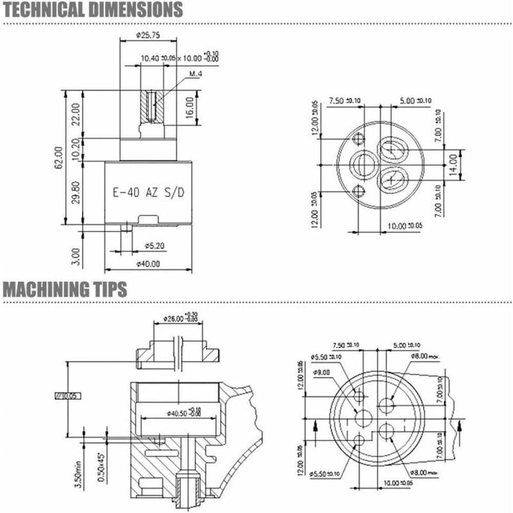 Technische Zeichnung mit Maßen. Zeigt ein mechanisches Teil mit verschiedenen Maßen und Bearbeitungstipps.