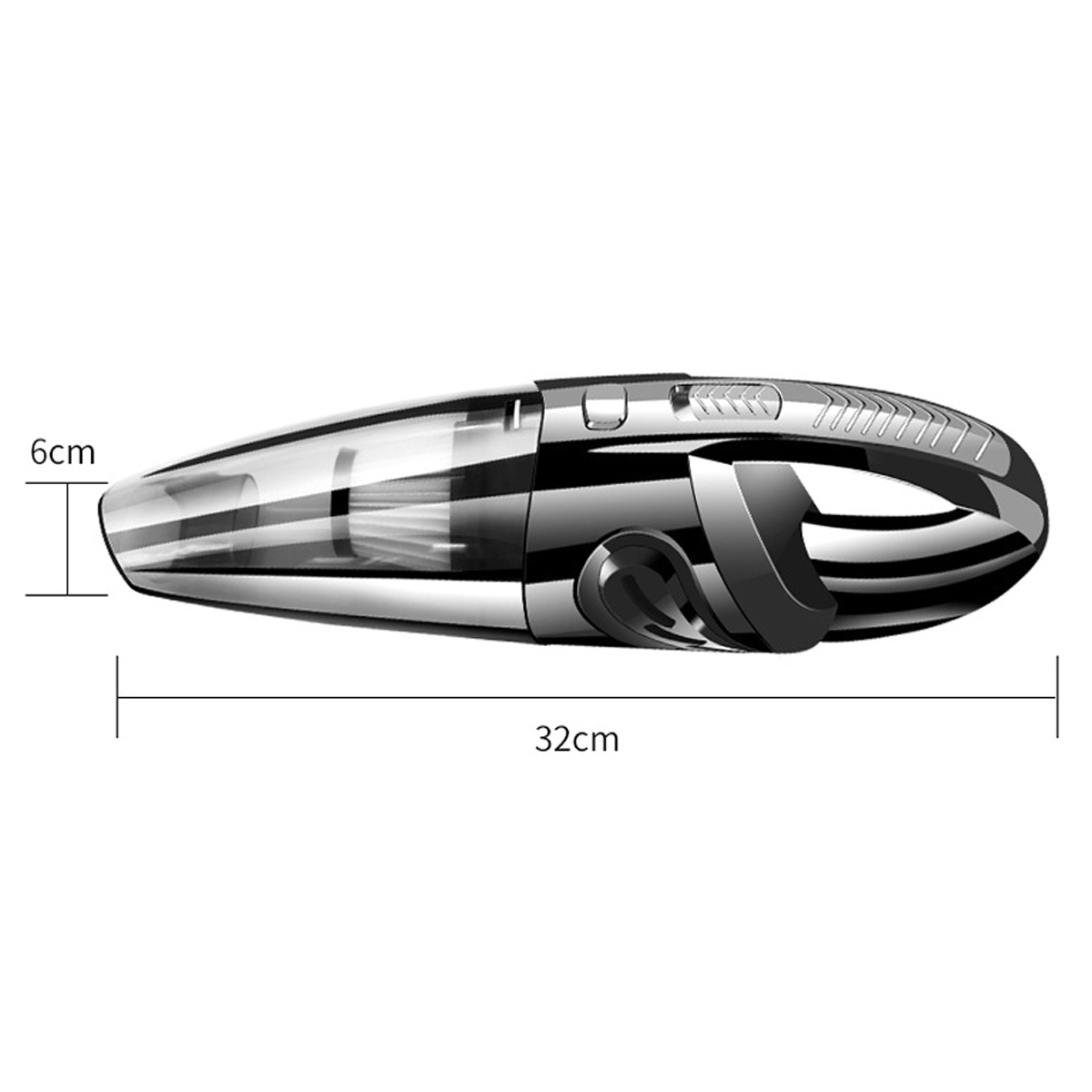 Ein Handstaubsauger. Er ist silber und schwarz, 32 cm lang und 6 cm hoch. Auf dem Bild sind Messungen angegeben.