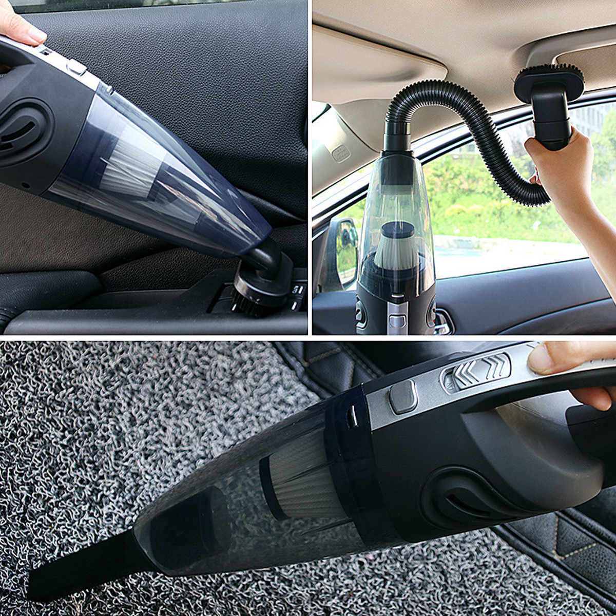 Ein Handstaubsauger wird in einem Auto verwendet. Er reinigt die Sitze, das Armaturenbrett und den Dachhimmel. Der Staubsauger ist schwarz und klar.