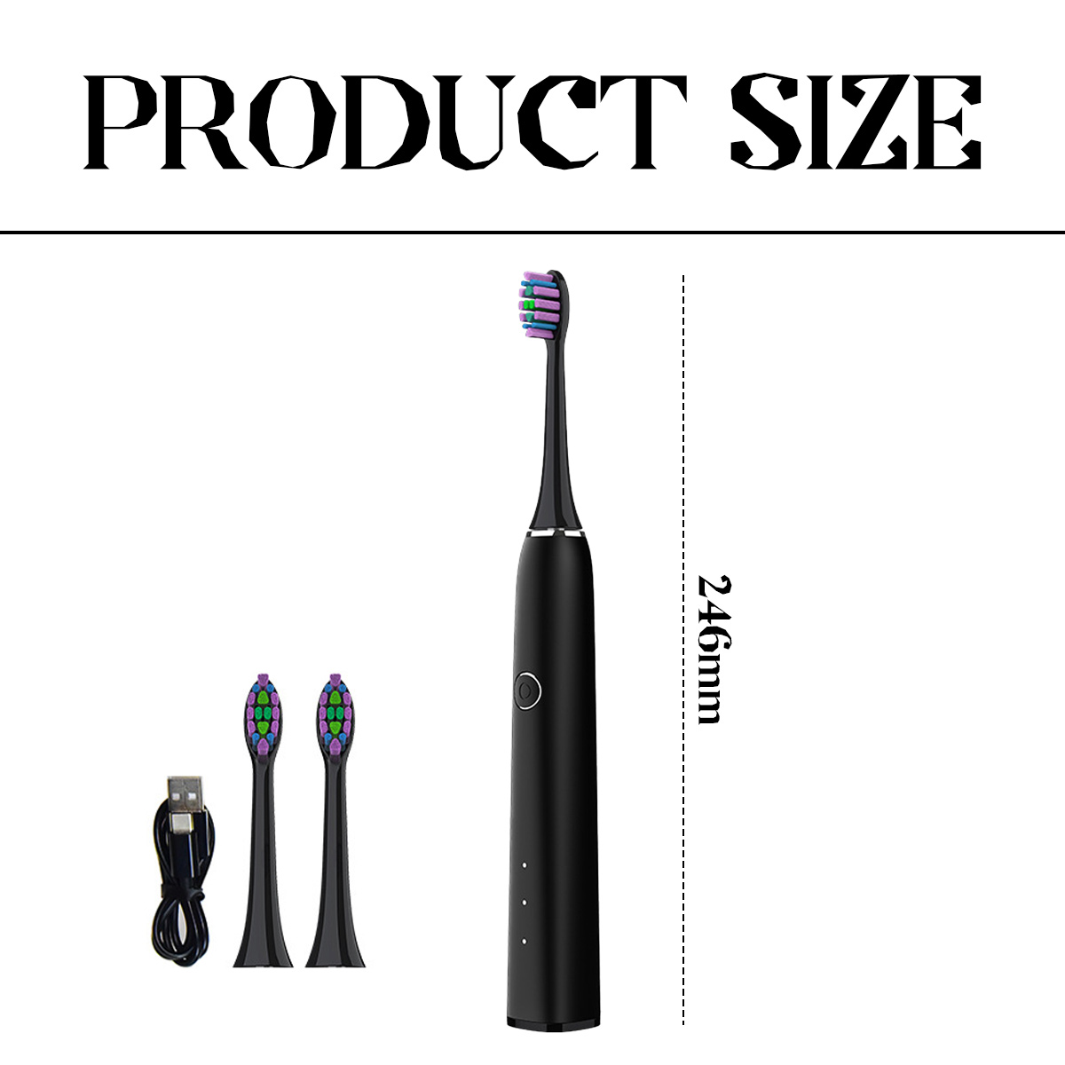 Eine schwarze elektrische Zahnbürste mit zwei Köpfen, einem USB-Kabel und dem Text 'PRODUCT SIZE'. Die Größe wird mit 246 mm angegeben.