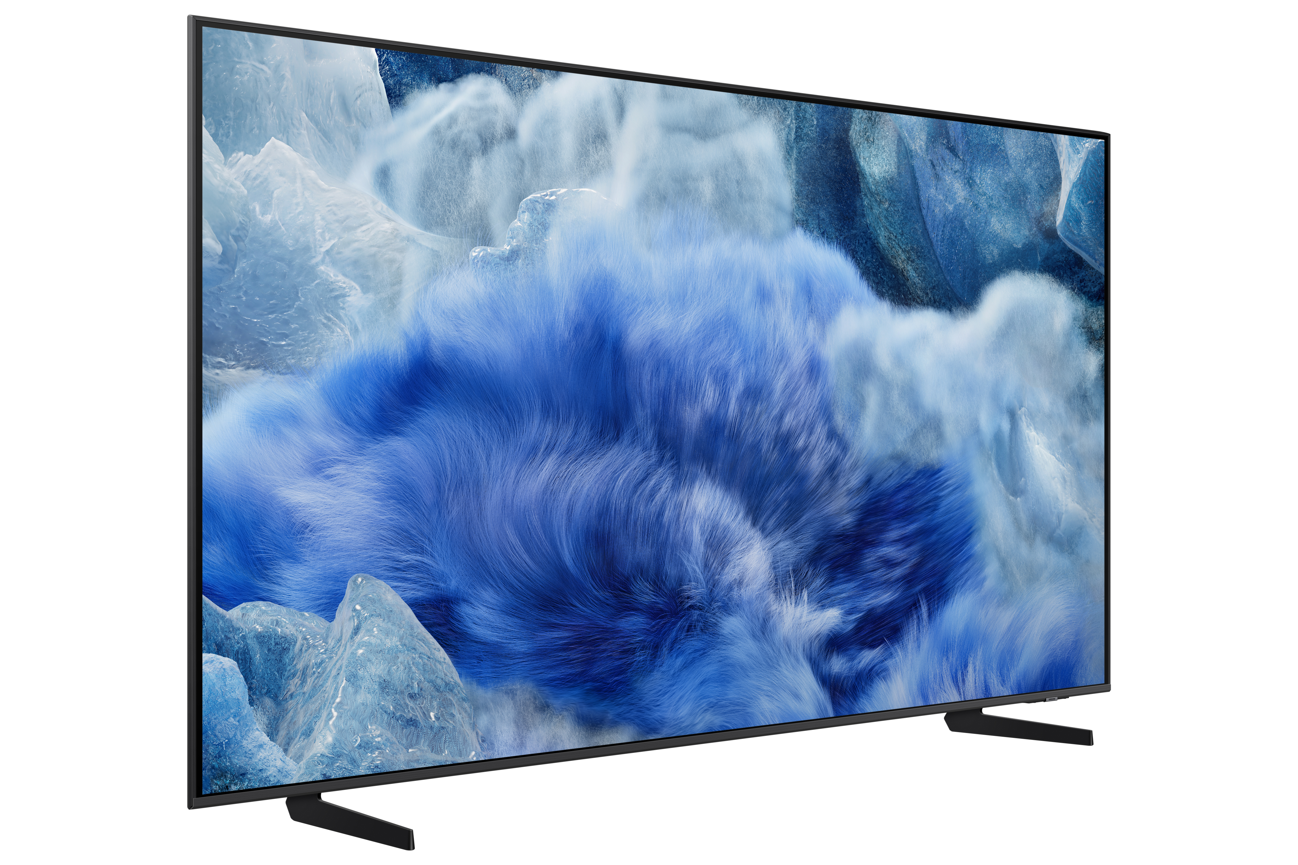 A flat-screen TV displays a blue, cloud-like image. It is on a white background, with black legs.