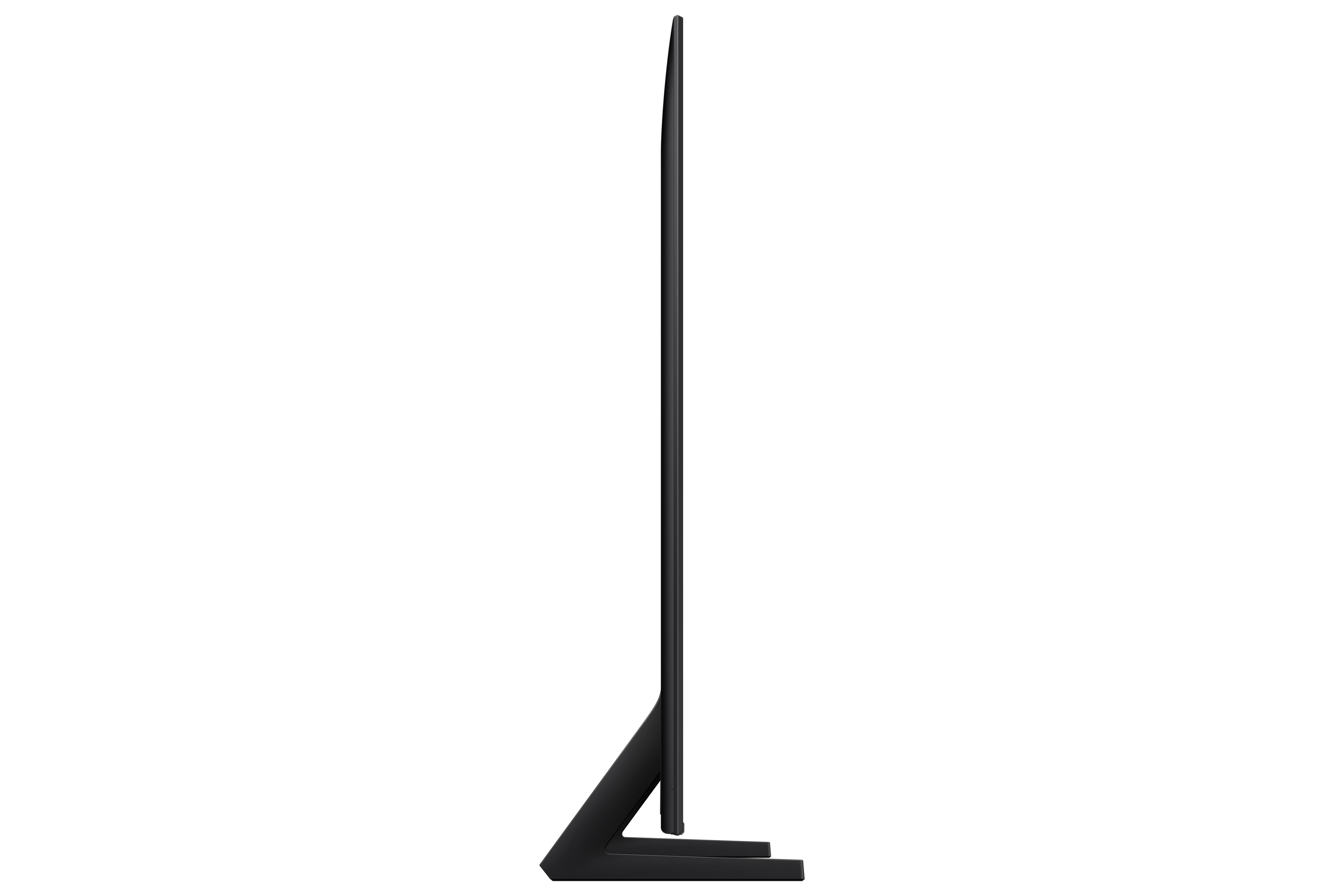 Side view of a black, sleek television. The TV is upright, with a thin screen and a stand. White background.
