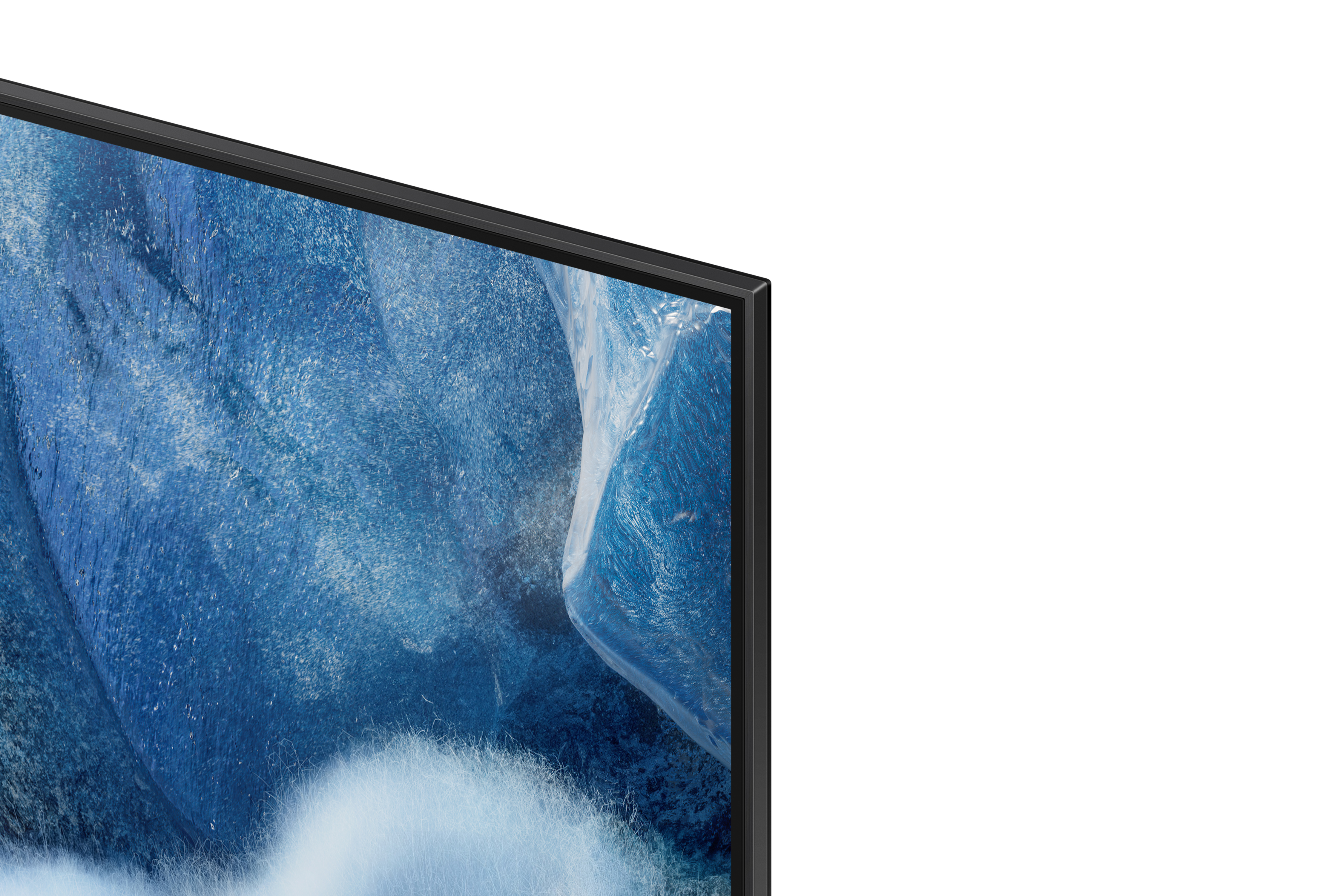 A close-up view of a TV screen, showing a blue abstract image, with a black border on the left.
