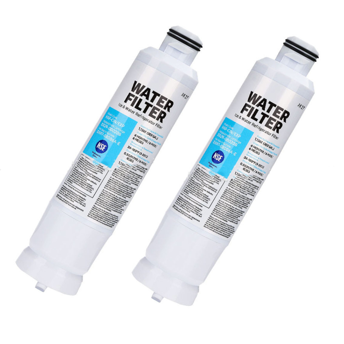 Zwei weiße Wasserfilter mit schwarzen Kappen, beschriftet mit 'Water Filter'. Sie sind abgewinkelt, mit Text und Logos sichtbar.
