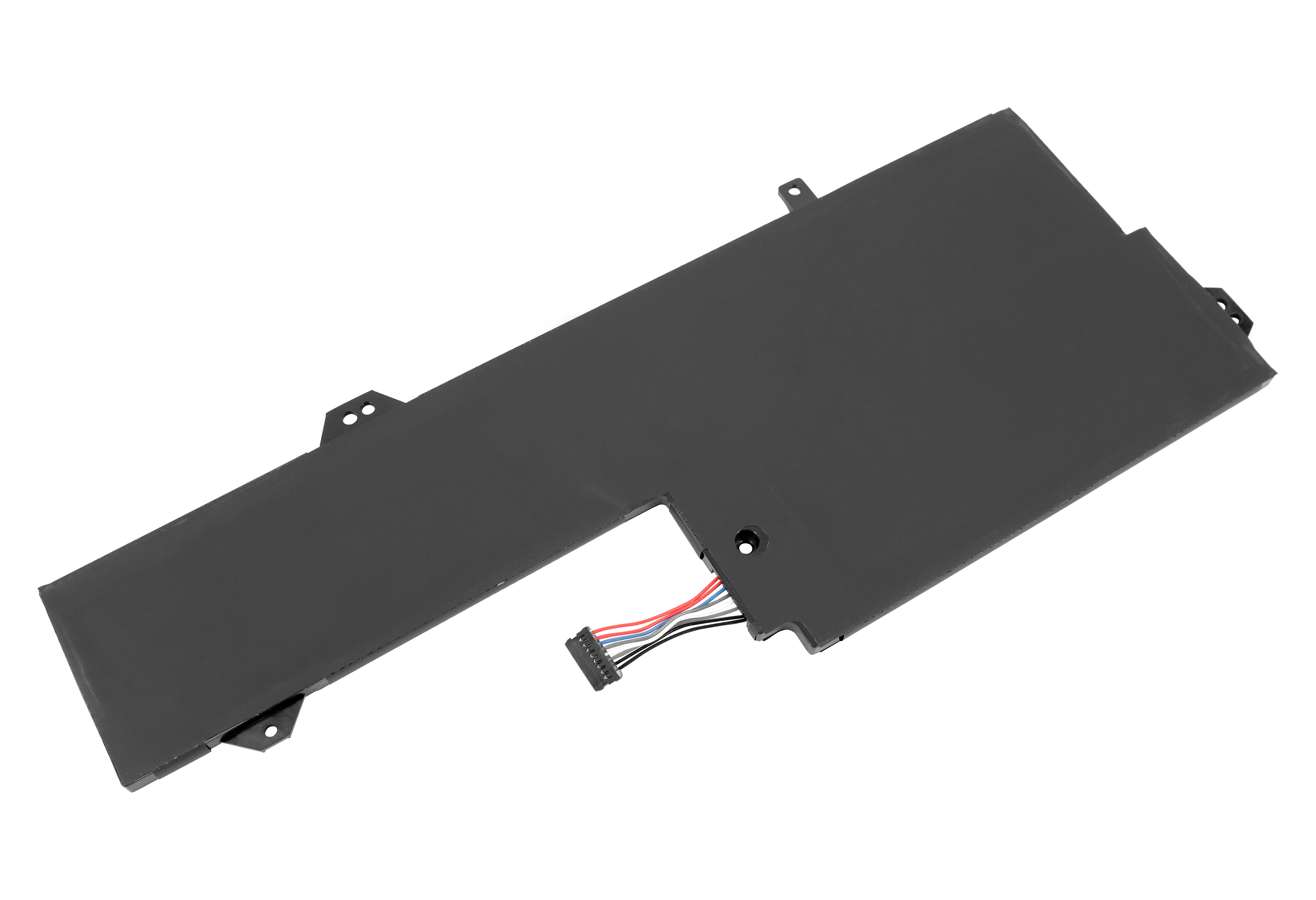 Ein schwarzer Laptop-Akku mit Stecker und farbigen Drähten liegt vor weißem Hintergrund.