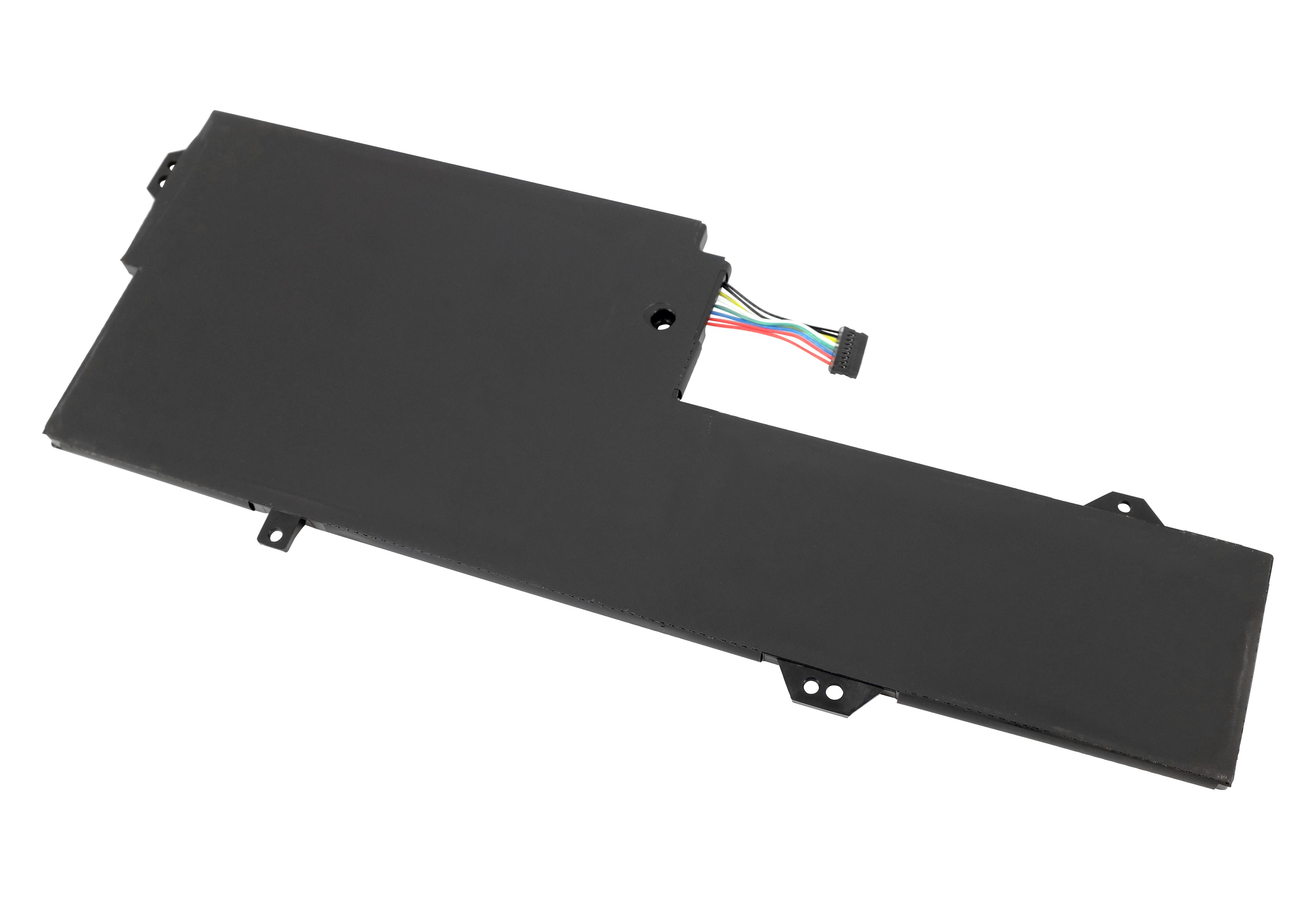 Schwarzer Laptop-Akku mit farbigen Drähten und Stecker auf weißem Hintergrund.