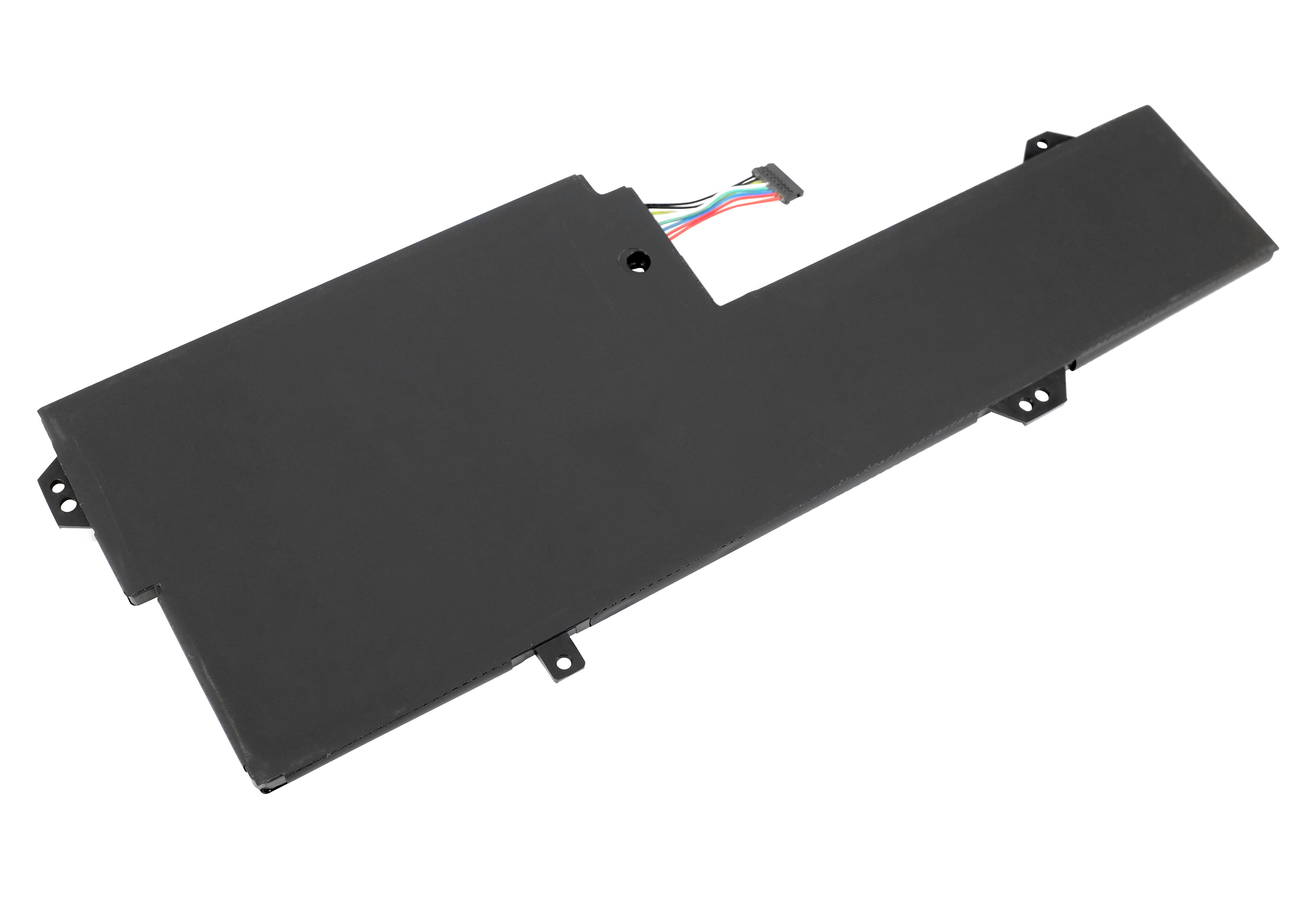 Ein schwarzer Laptop-Akku mit Stecker und farbigen Drähten, vor weißem Hintergrund.