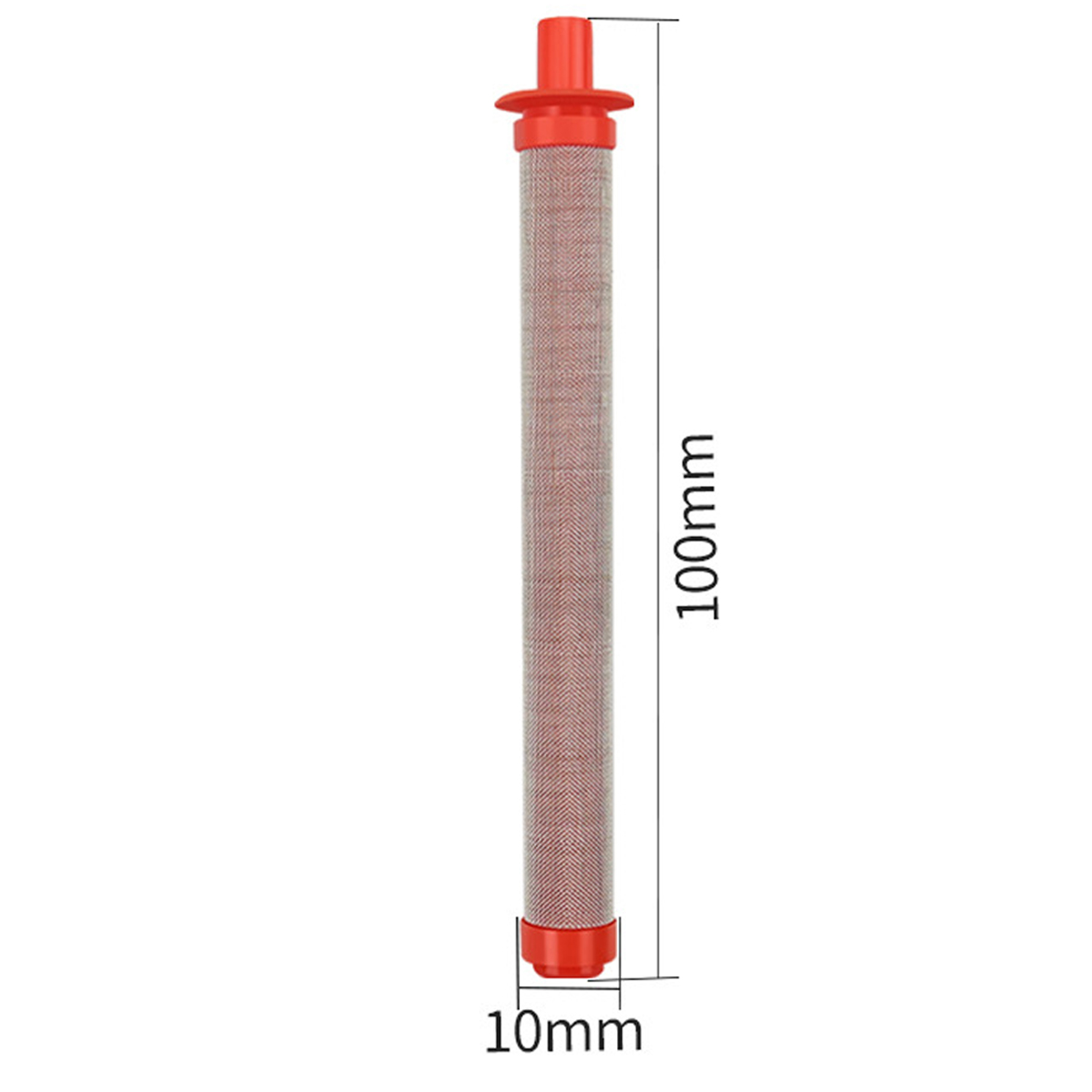 Ein rot-grauer Filter. Es ist zylindrisch. Die Abmessungen betragen 10 mm x 100 mm. Der Filter hat an beiden Enden eine rote Kappe.