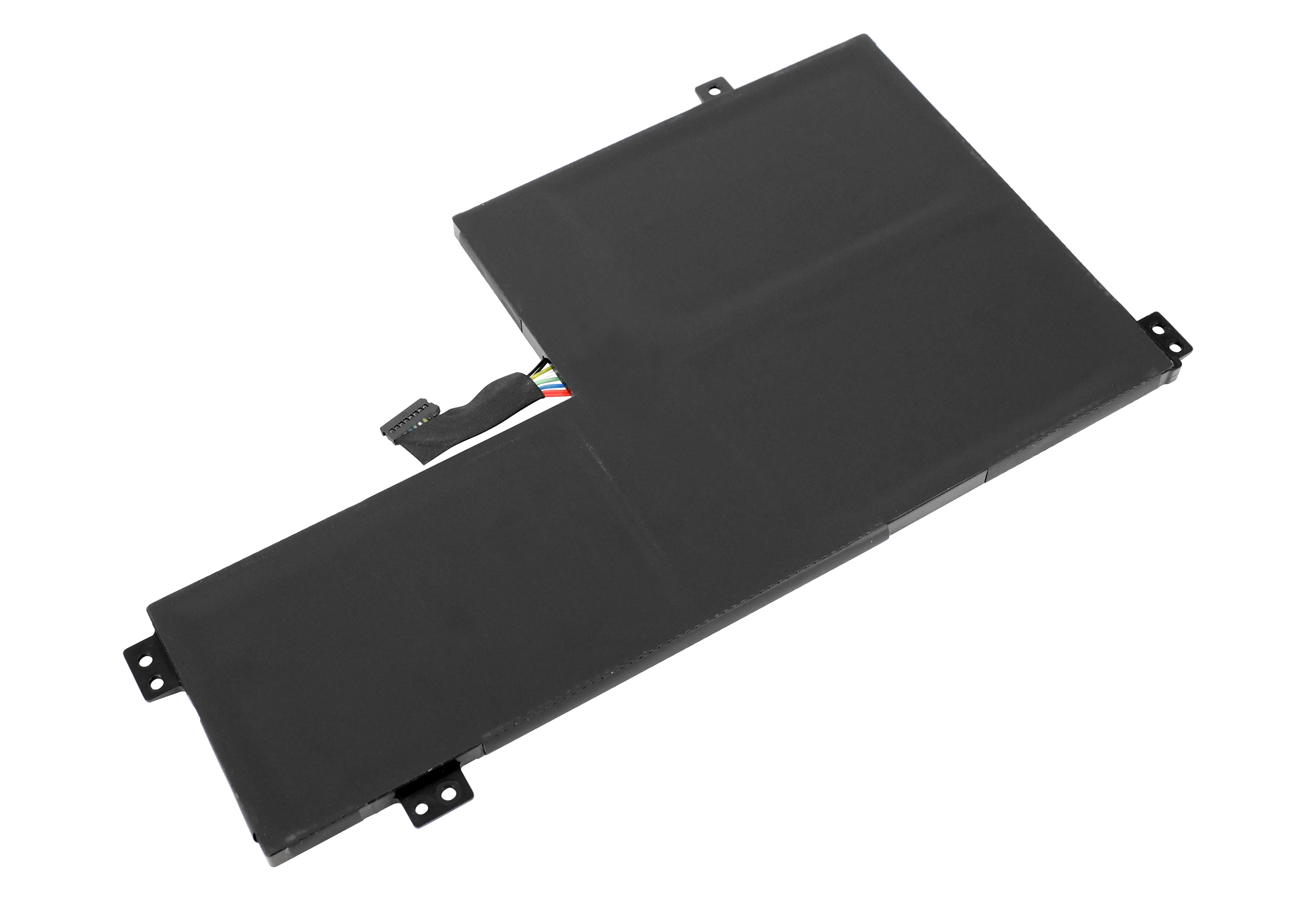 Ein schwarzer Laptop-Akku mit Stecker und Kabeln. Schräge Ansicht vor weißem Hintergrund.