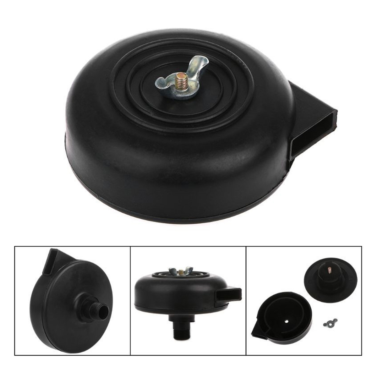 Eine schwarze Luftfilterkomponente mit einer Metall-Schmetterlingsmutter wird gezeigt. Mehrere zugeschnittene Ansichten zeigen verschiedene Perspektiven des Teils.