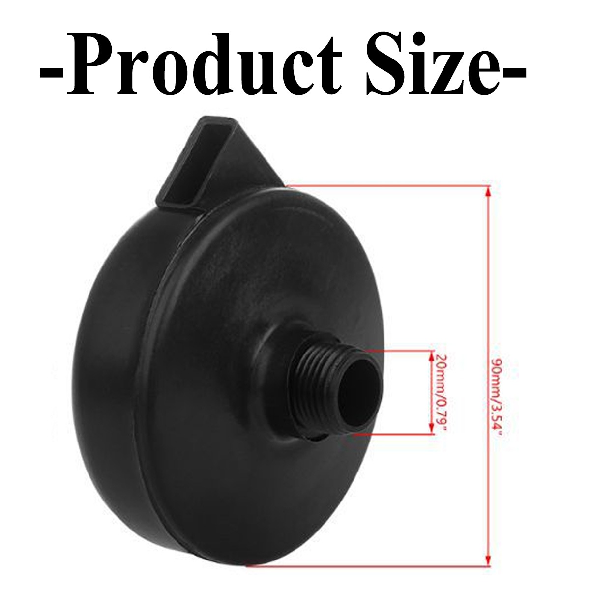 Schwarzes Produkt mit Größenangaben in weißem Text. Das Produkt hat eine zylindrische Form mit einem Gewindeende.