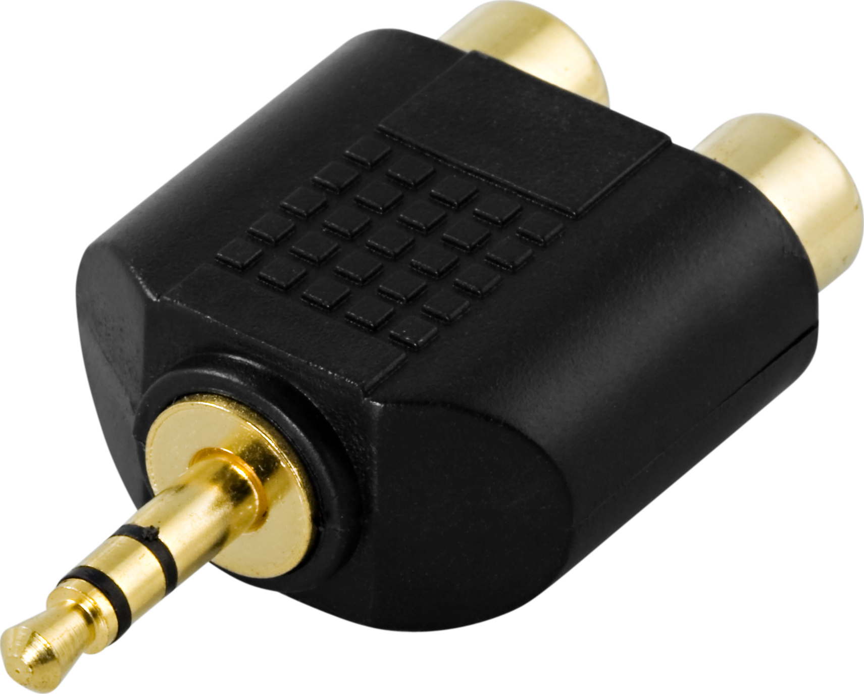 Un adattatore audio nero con connettori dorati. Ha un jack maschio e due connettori RCA femmina per l'ingresso audio.