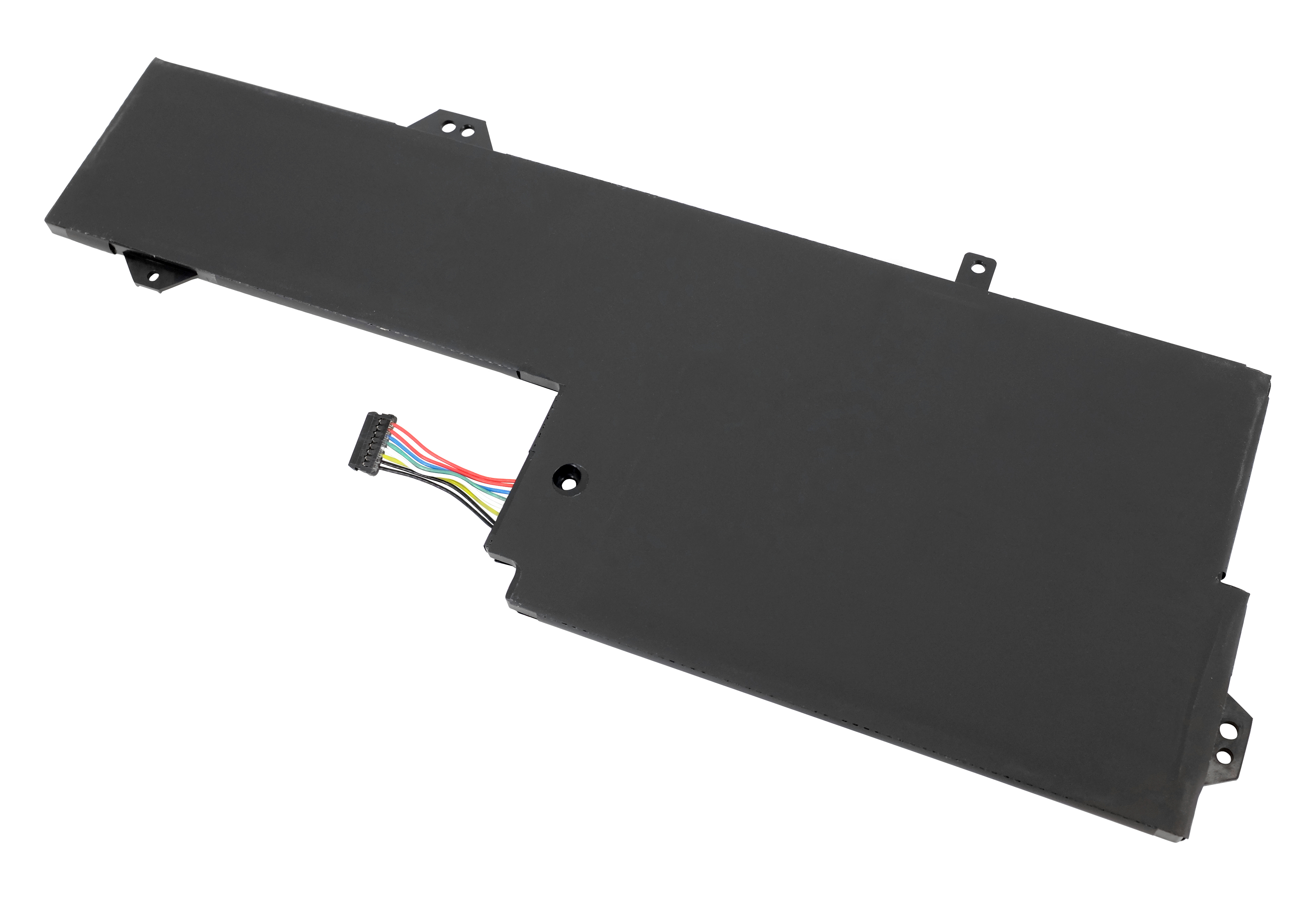 Ein schwarzes rechteckiges elektronisches Bauteil mit einem mehrfarbigen Stecker, isoliert auf weißem Hintergrund.