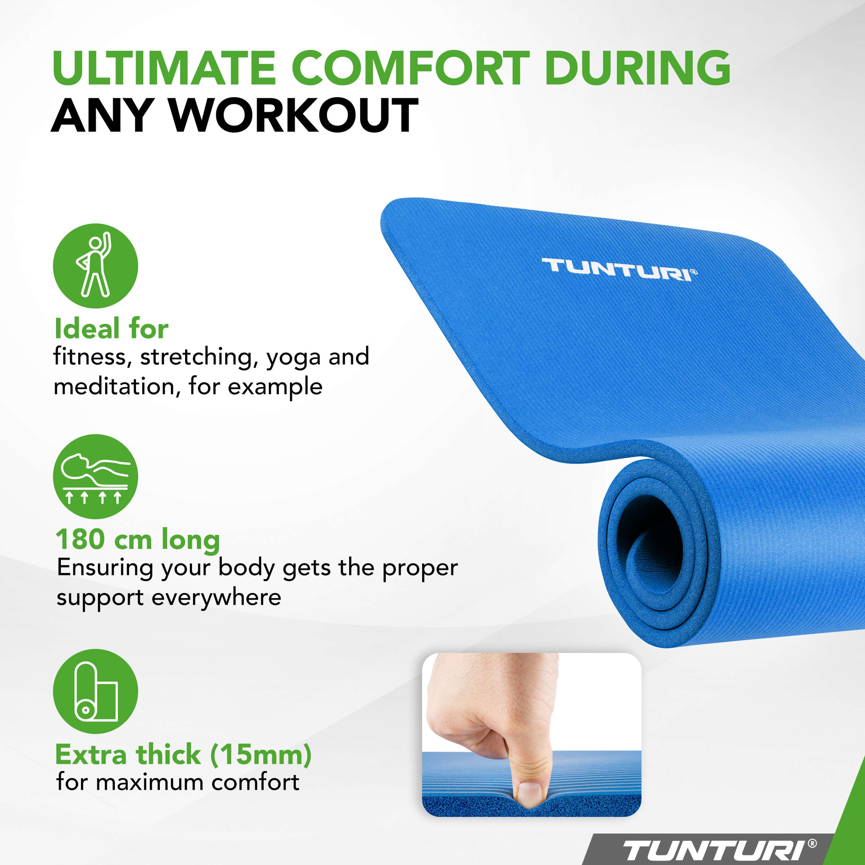 Blue rolled yoga mat with text about comfort and dimensions. A hand presses into the mat.