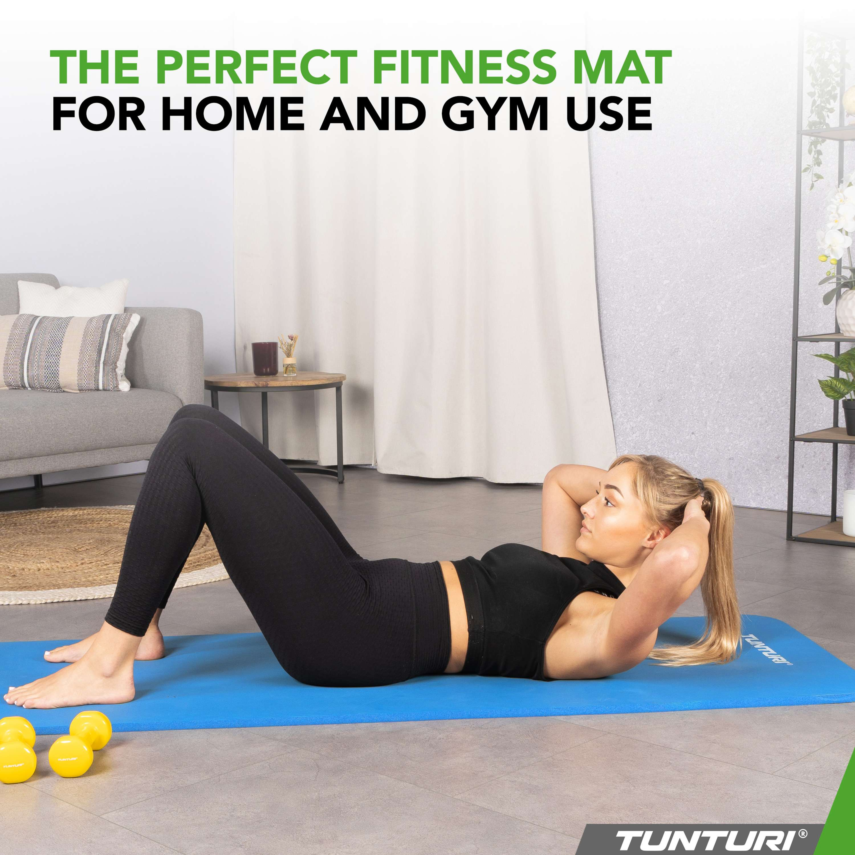 Woman doing sit-ups on a blue mat, yellow dumbbells in the foreground, and text about fitness mats.