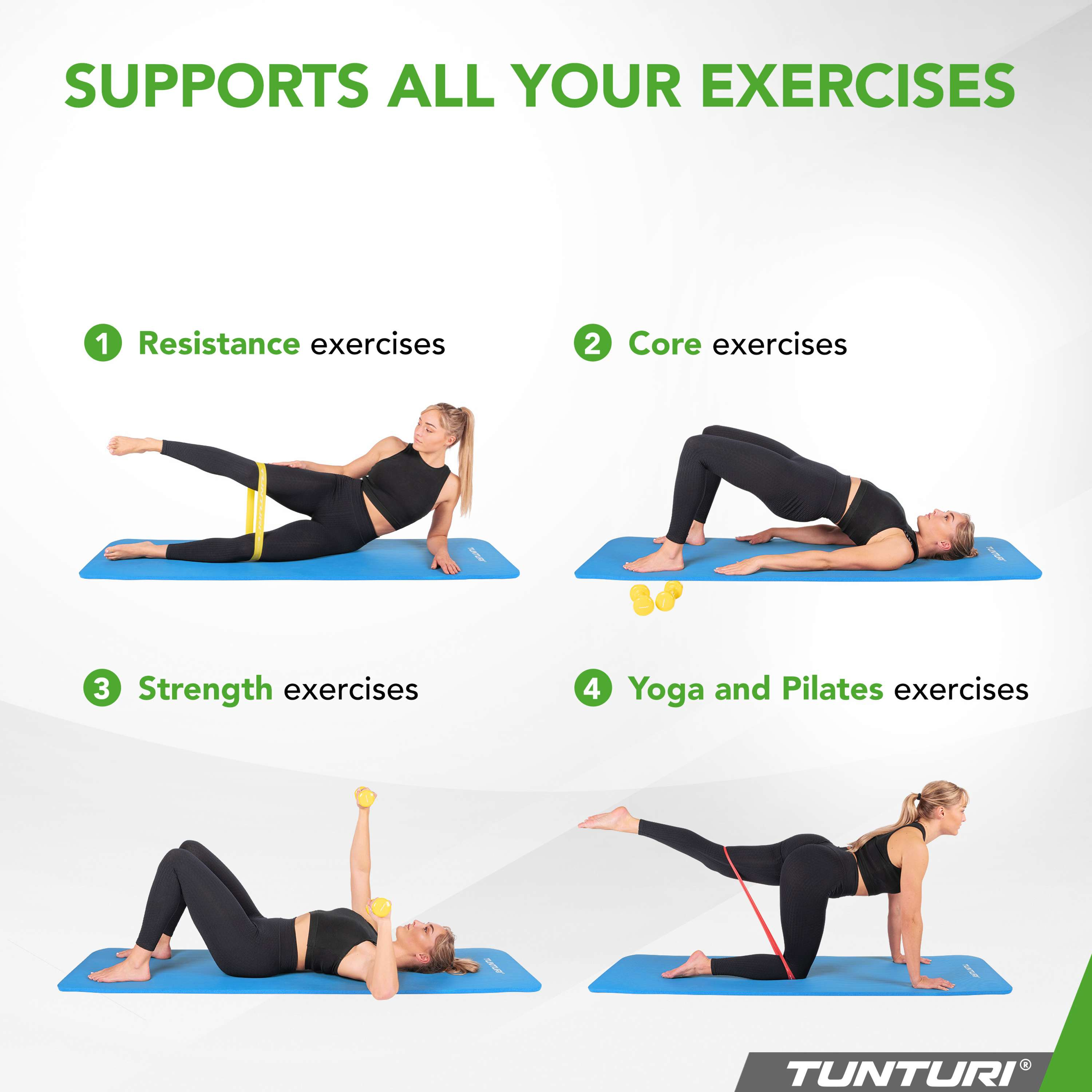 Image shows 4 exercise examples: resistance, core, strength, and yoga. Each is demonstrated by a woman on a mat.