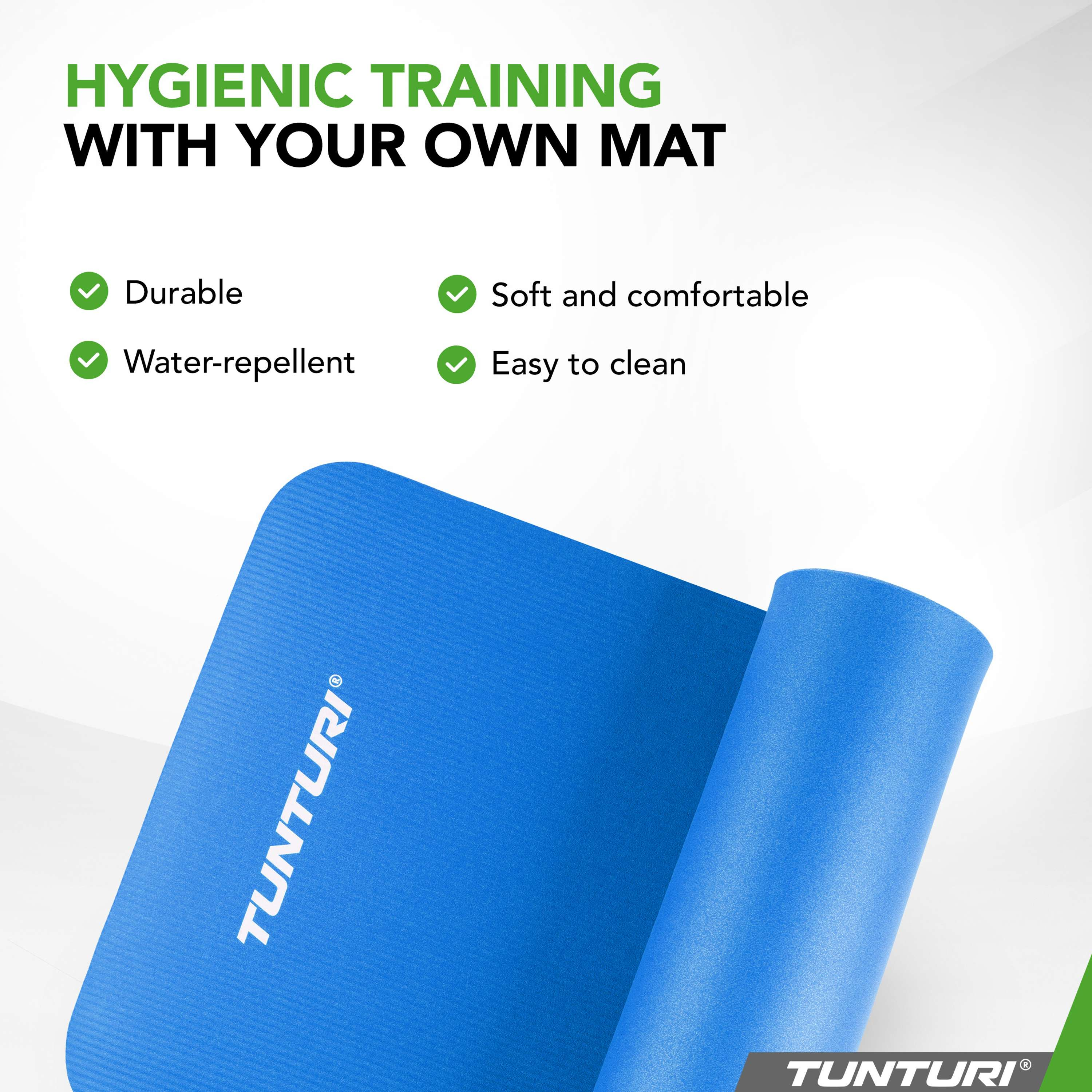 Blue yoga mat partly rolled up, with text about its features. White background. The brand name is visible.