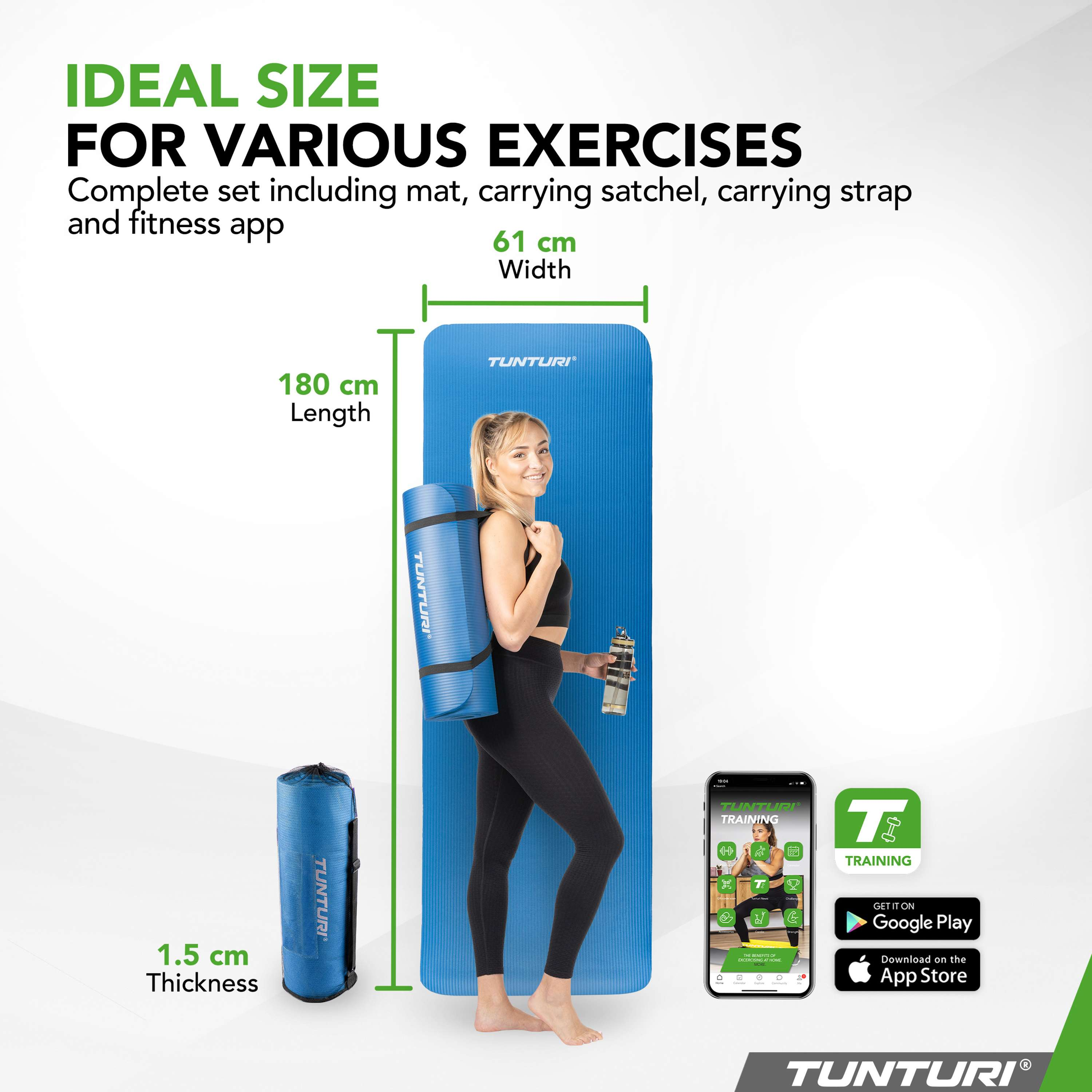 Woman holding blue exercise mat. Includes a water bottle, fitness app, and the Tunturi logo.