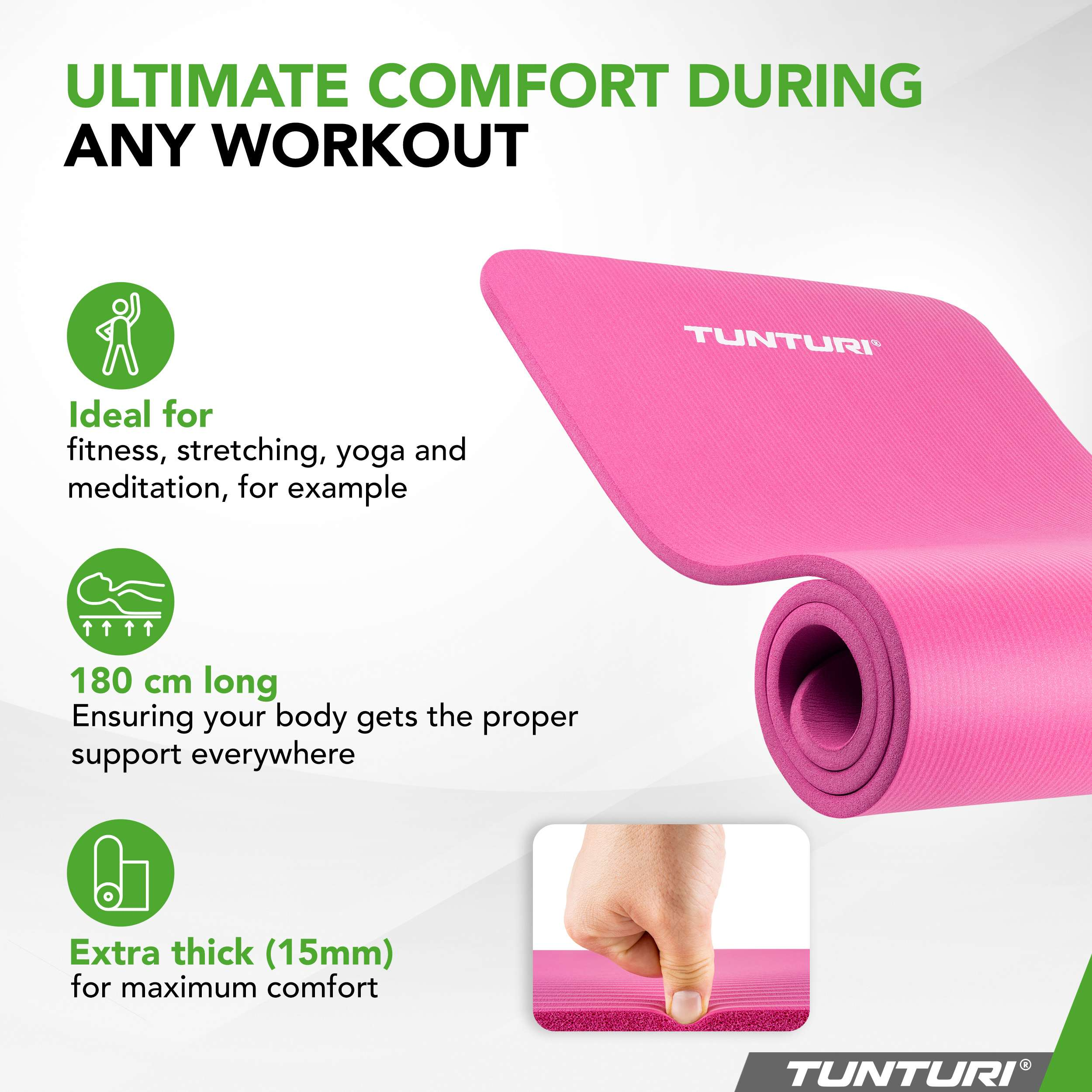 Pink yoga mat rolled up, with text about comfort and fitness.