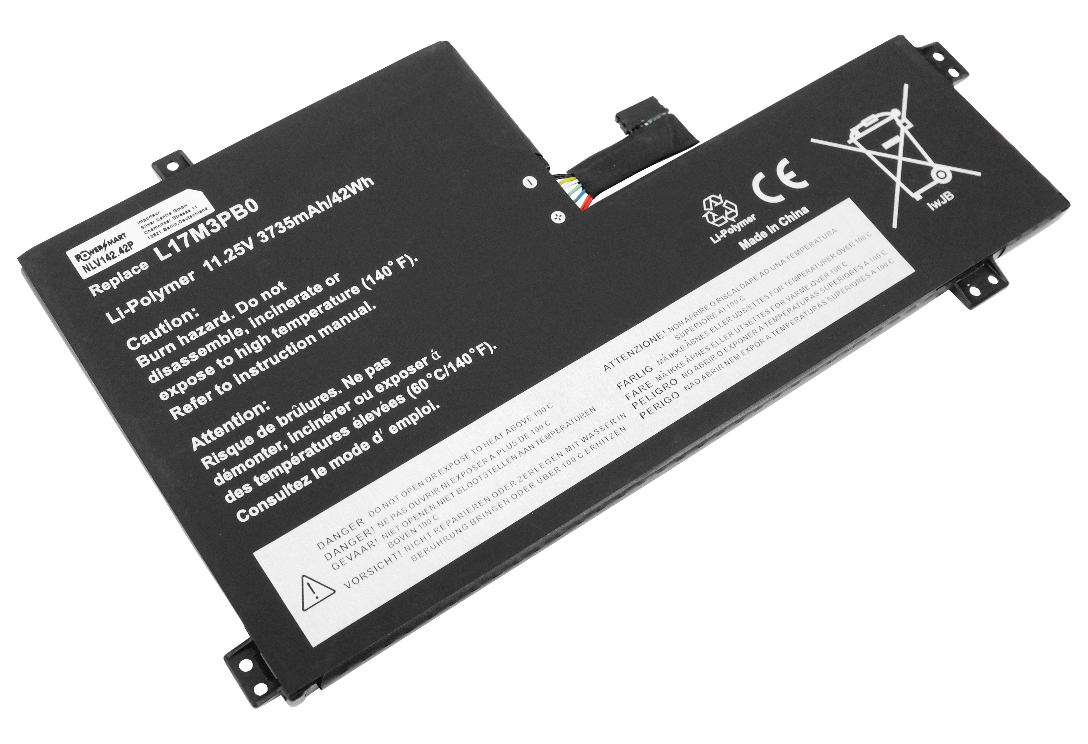 Laptop-Akku mit Warnhinweisen und Sicherheitssymbolen, schwarz und weiß, mit Text in mehreren Sprachen.