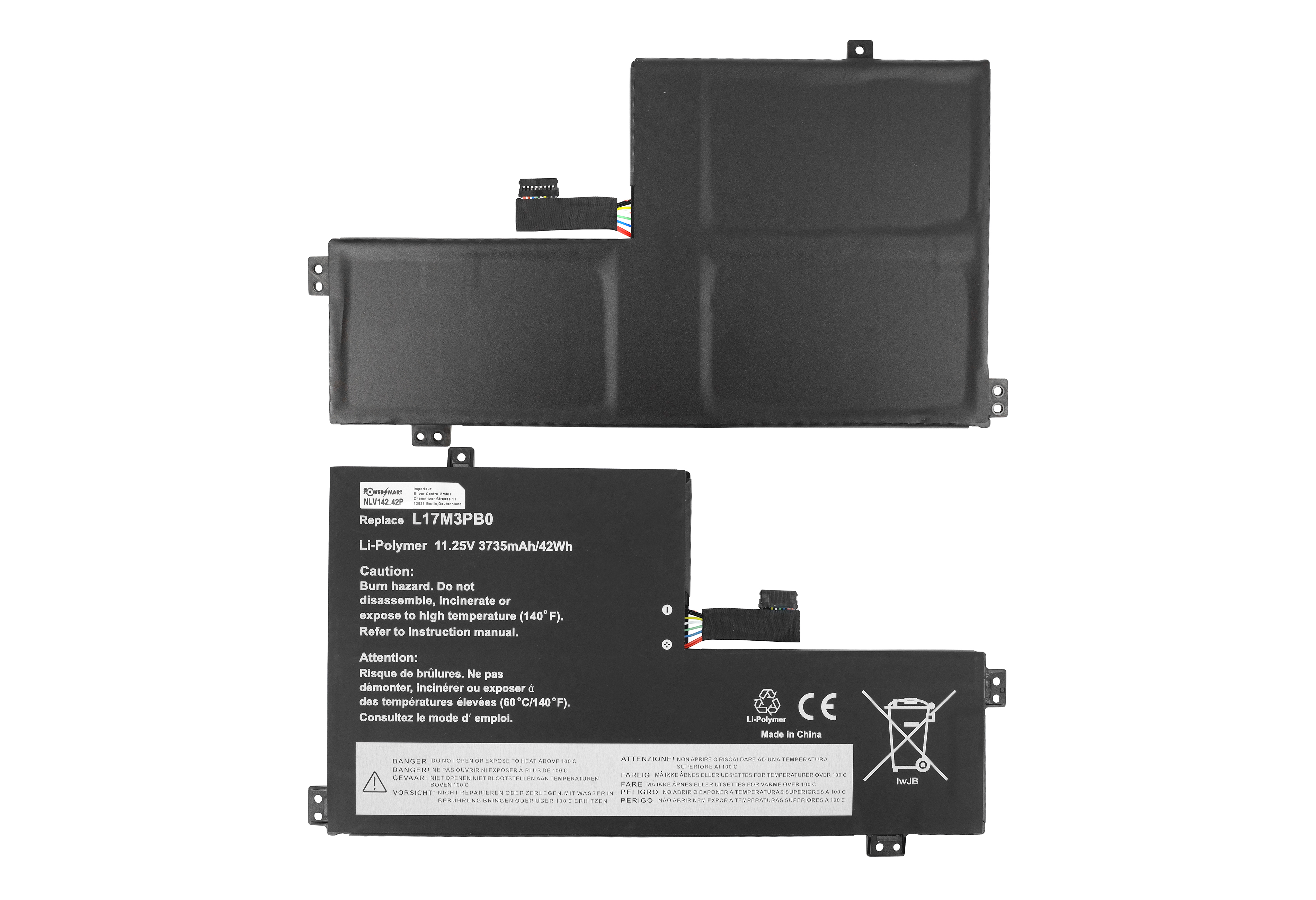 Laptop-Akku mit Warnhinweisen. Schwarze rechteckige Form mit Anschlüssen. Text in mehreren Sprachen.