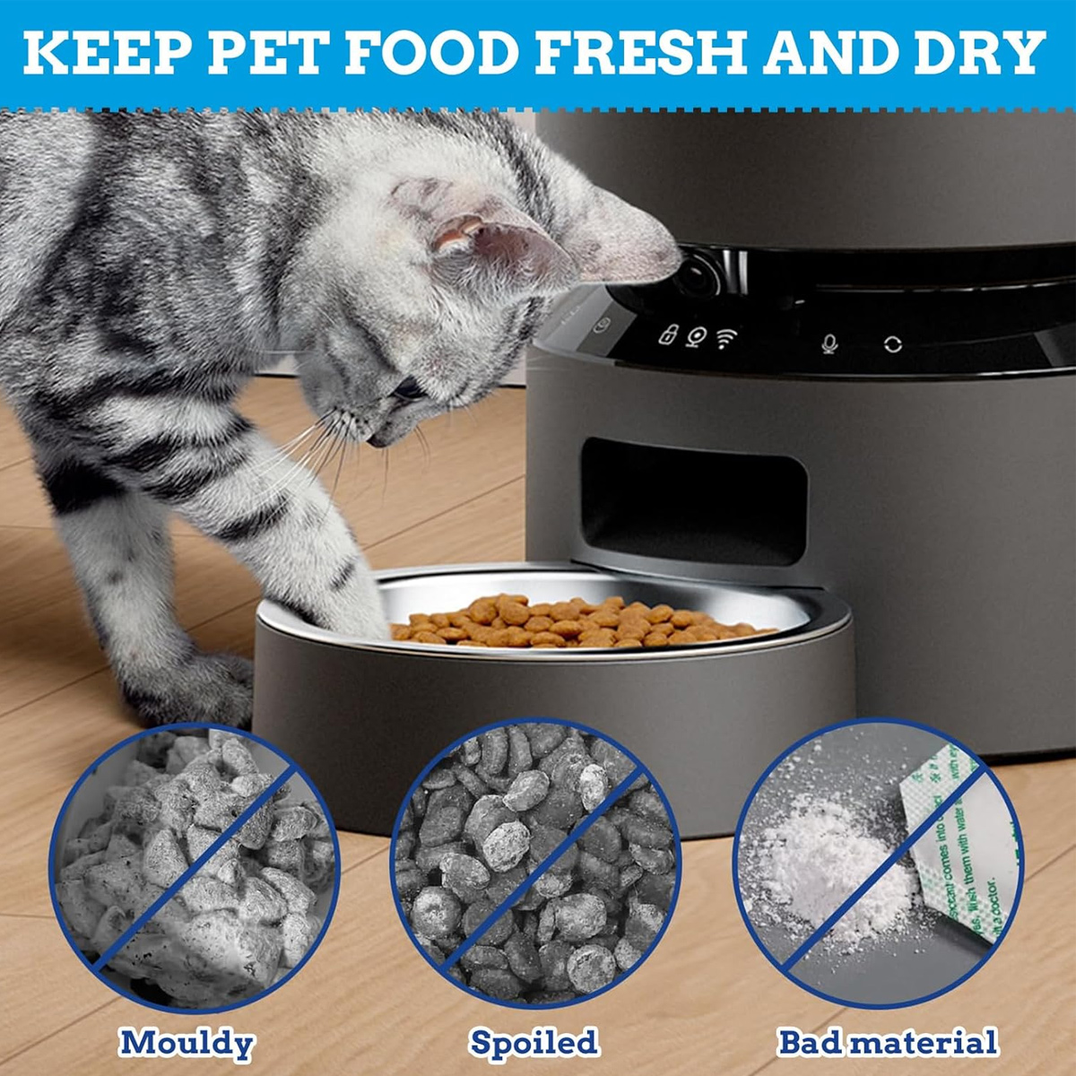 Eine Katze frisst aus einer Futterschüssel. Das Bild zeigt eine Katze mit einem intelligenten Tierfutterautomaten, mit Text oben 'HALTEN SIE TIERFUTTER FRISCH UND TROCKEN'.