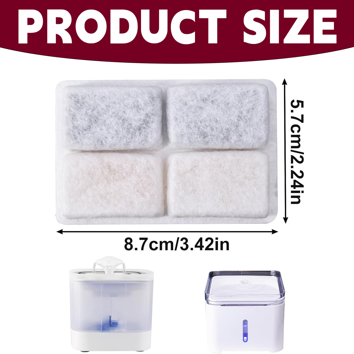 Das Bild zeigt die Produktgröße: Filter mit Abmessungen, Wasserspender. Text oben 'PRODUCT SIZE'.