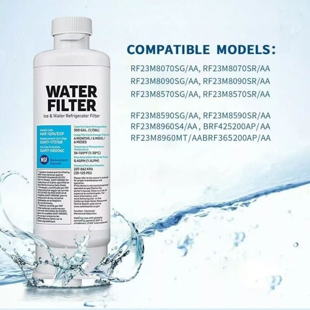 Eine weiße Wasserfilterflasche mit Text, umgeben von Wassergrafiken und einer Liste kompatibler Modelle.