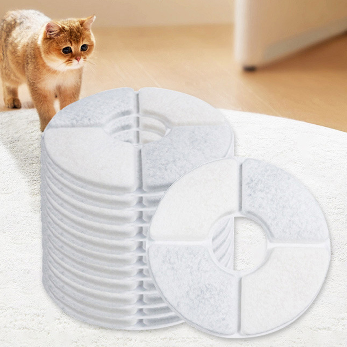 Eine goldene Katze blickt auf einen Stapel weißer Wasserfilter-Ersatzteile. Zwei Filter liegen vor dem Stapel auf einem weißen Teppich.