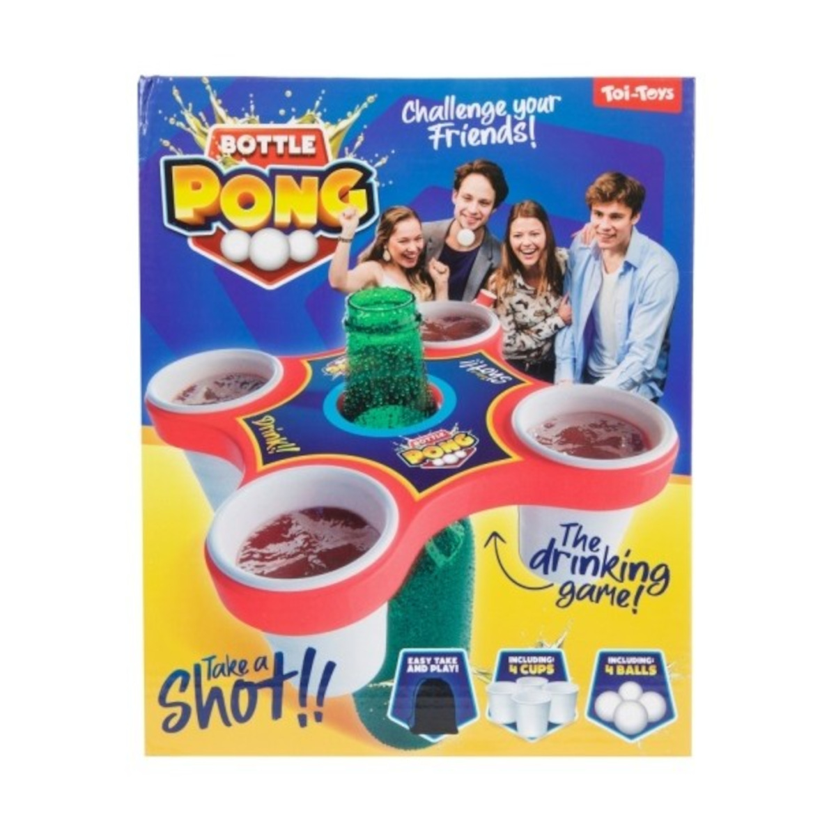 Eine Bottle-Pong-Spielbox. Leute spielen. Das Spiel beinhaltet Becher und Bälle. Auf der Box steht: 'Nimm einen Schuss!' und 'Fordere deine Freunde heraus!'