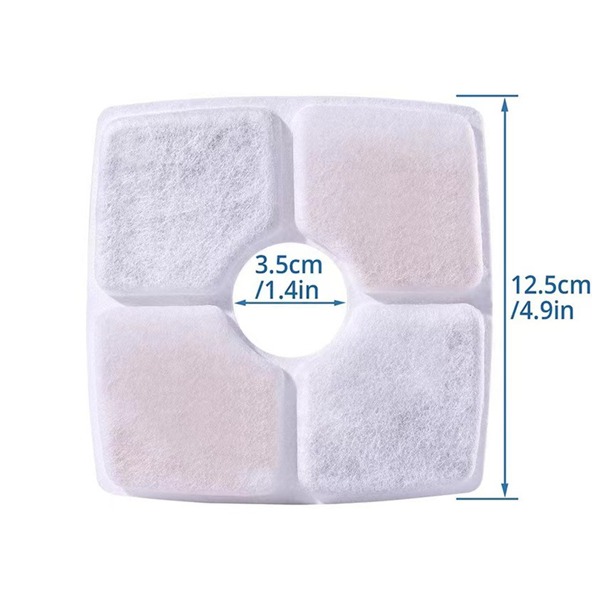 Ein quadratischer Filter mit vier Abschnitten. Maße von 3,5 cm/1,4 Zoll und 12,5 cm/4,9 Zoll sind mit Pfeilen angegeben.