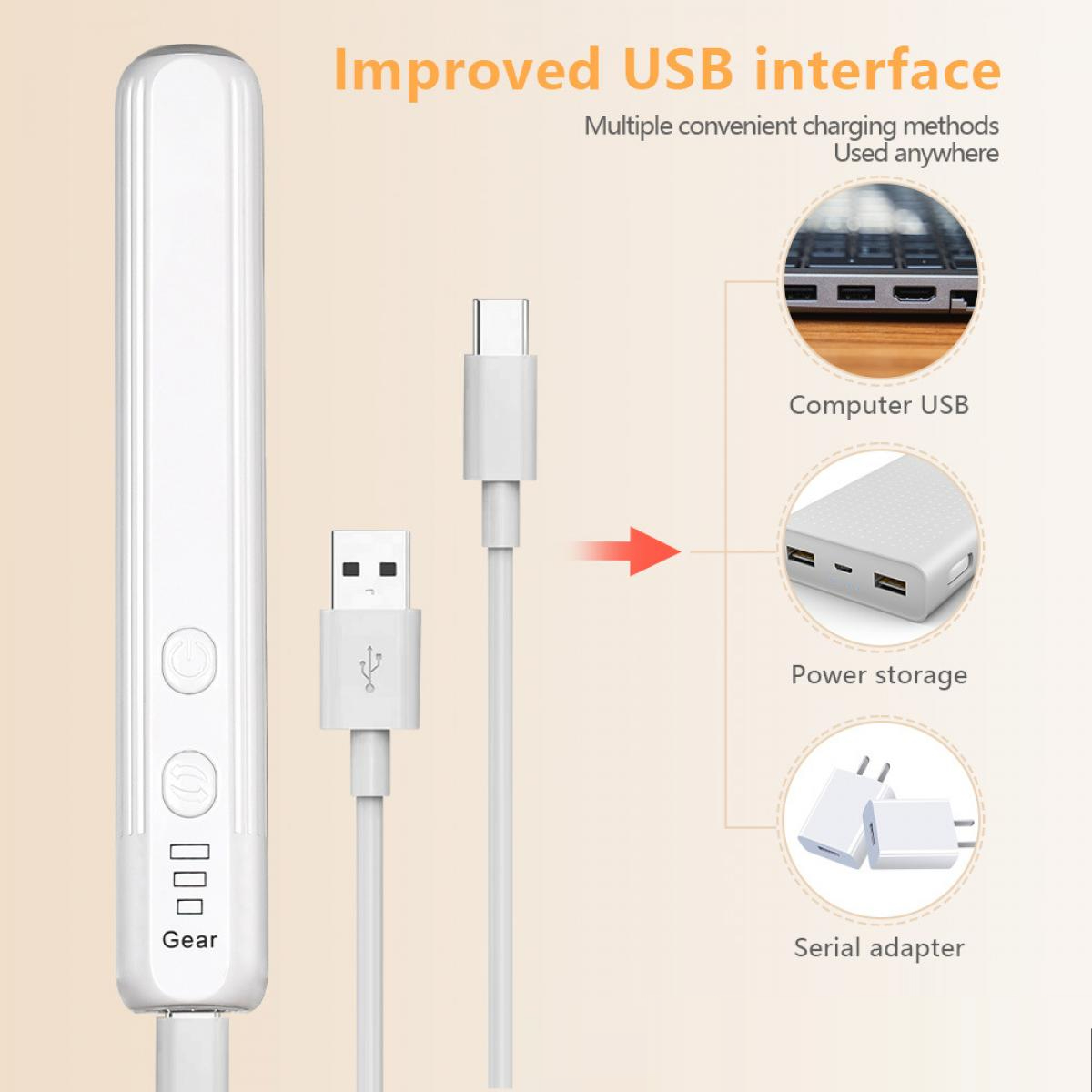 Weißes Gerät, USB-Kabel und Ladeoptionen: Computer, Energiespeicher und Serienadapter werden angezeigt.
