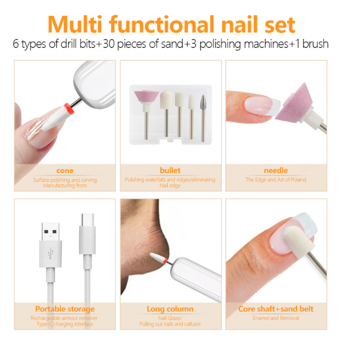 Ein Nagelset mit Bohraufsätzen und Schleifwerkzeugen. Enthält ein USB-Ladegerät und Nagelpflege-Werkzeuge zum Polieren und Formen.