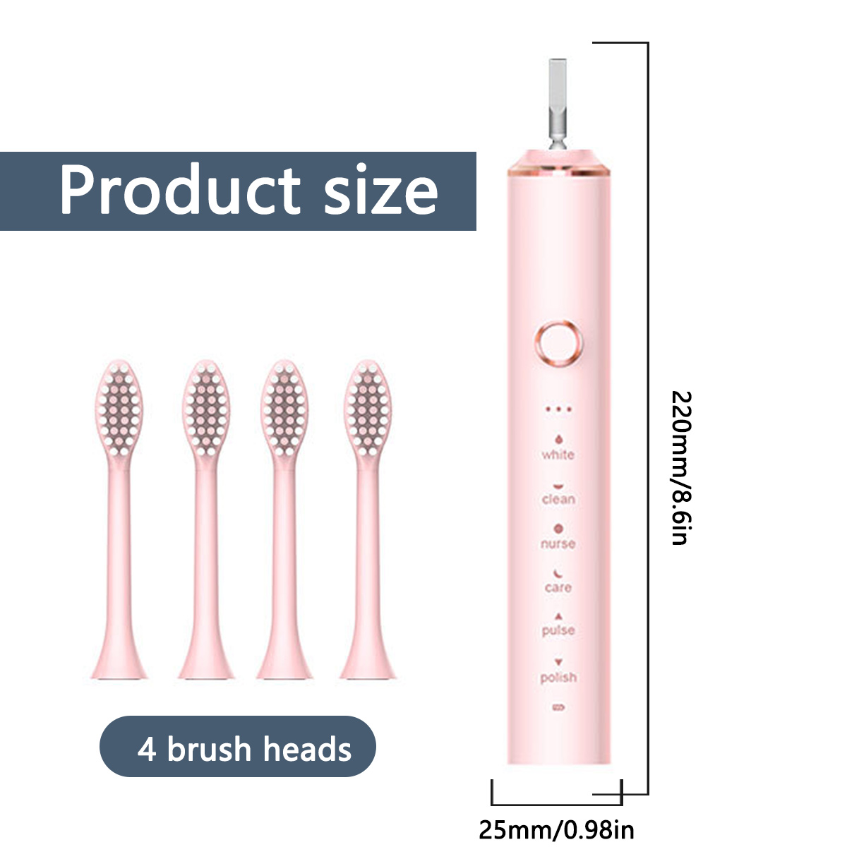 Eine rosa elektrische Zahnbürste mit vier Bürstenköpfen wird angezeigt. Textnotizen Produktgröße und Abmessungen: 220 mm/8,6 Zoll und 25 mm/0,98 Zoll.