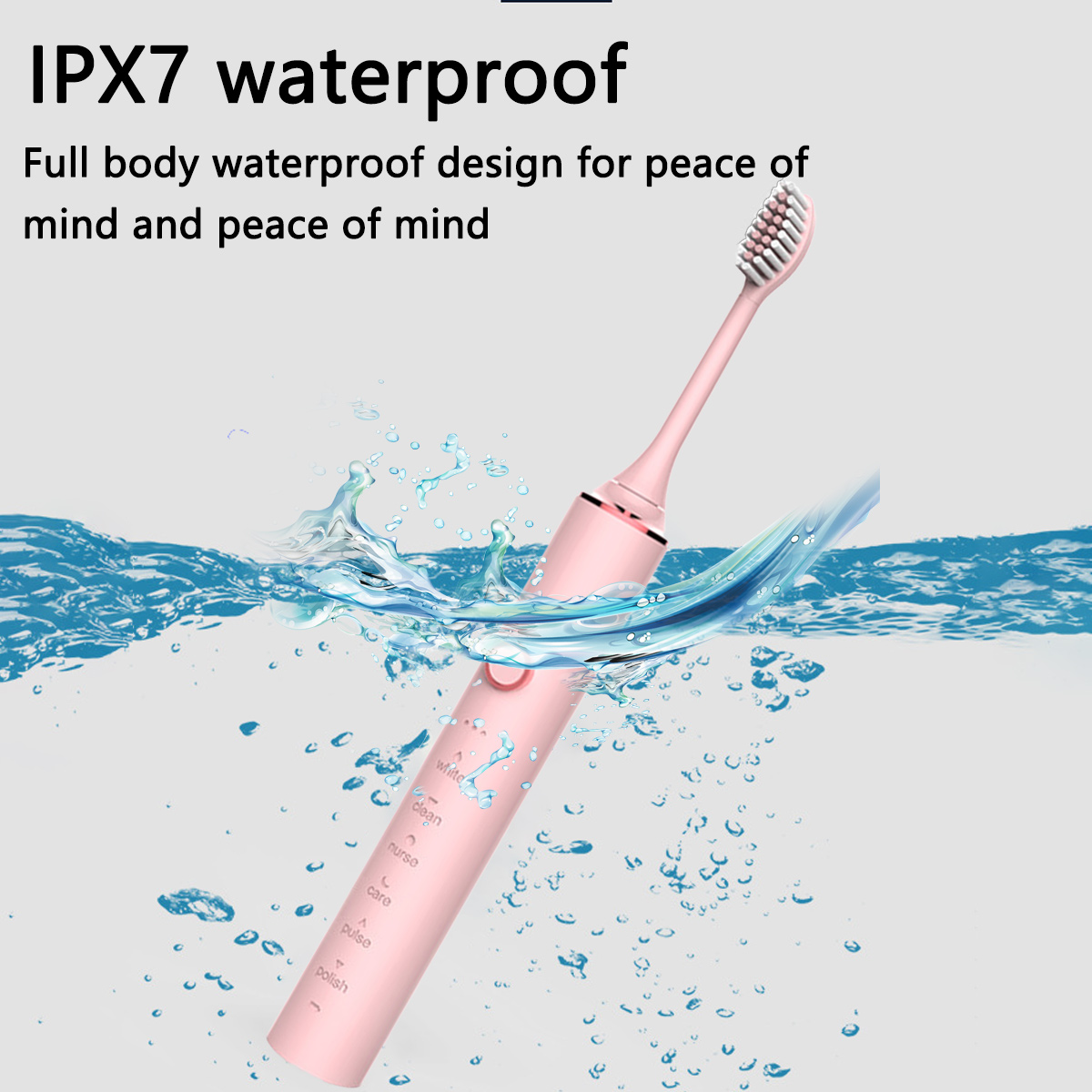 Eine rosa elektrische Zahnbürste, die in Wasser getaucht ist, mit Wassertropfen. Text: IPX7 wasserdicht. Die Zahnbürste hat verschiedene Modi.