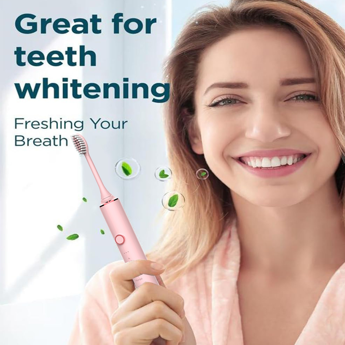 Lächelnde Frau hält eine rosa Zahnbürste. Text: 'Great for teeth whitening, Freshening Your Breath'. Grüne Blätter schweben.