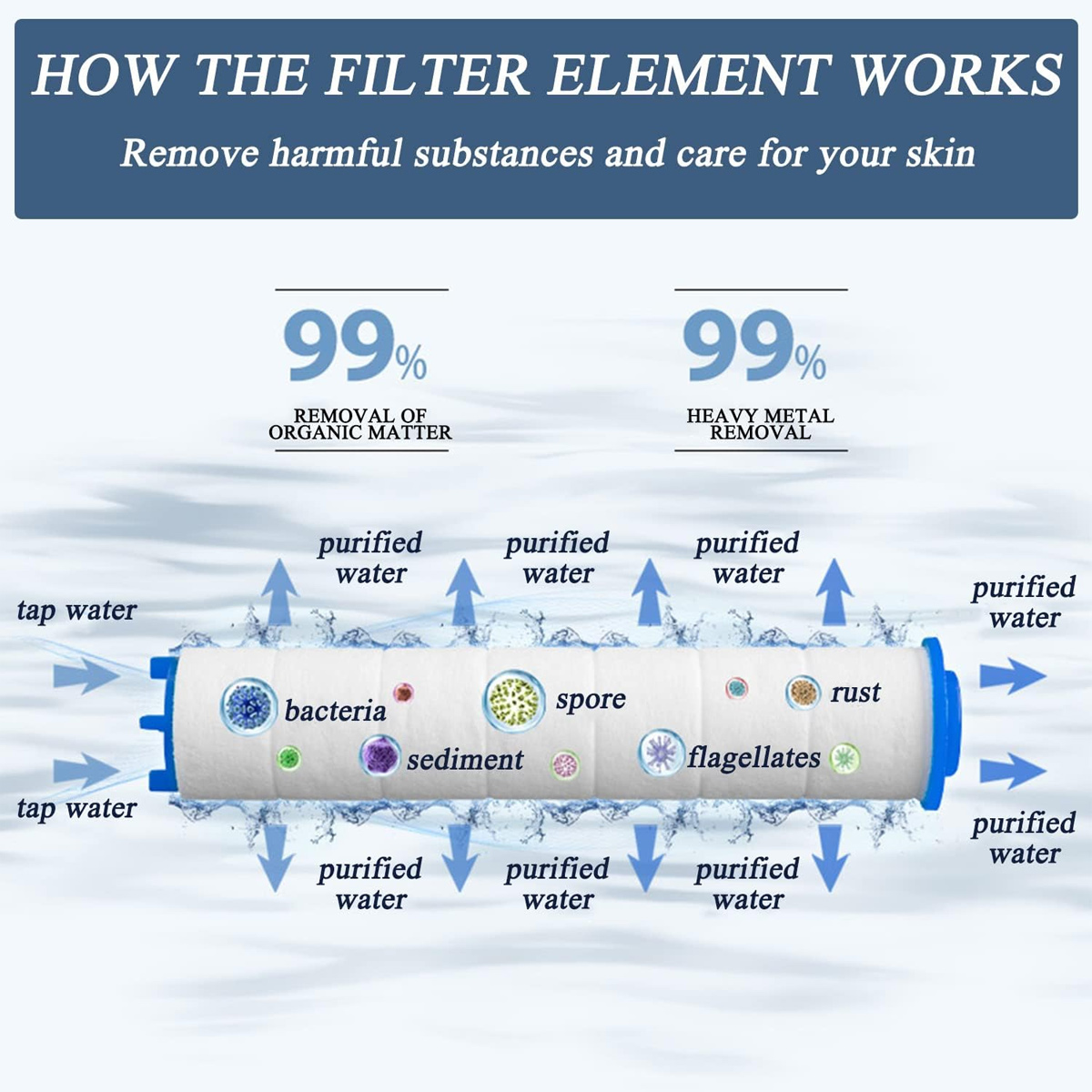 Diagramm zeigt Wasserfilter, der Bakterien, Sedimente, Sporen, Rost und Flagellaten entfernt. Leitungswasser tritt ein; gereinigtes Wasser tritt aus.