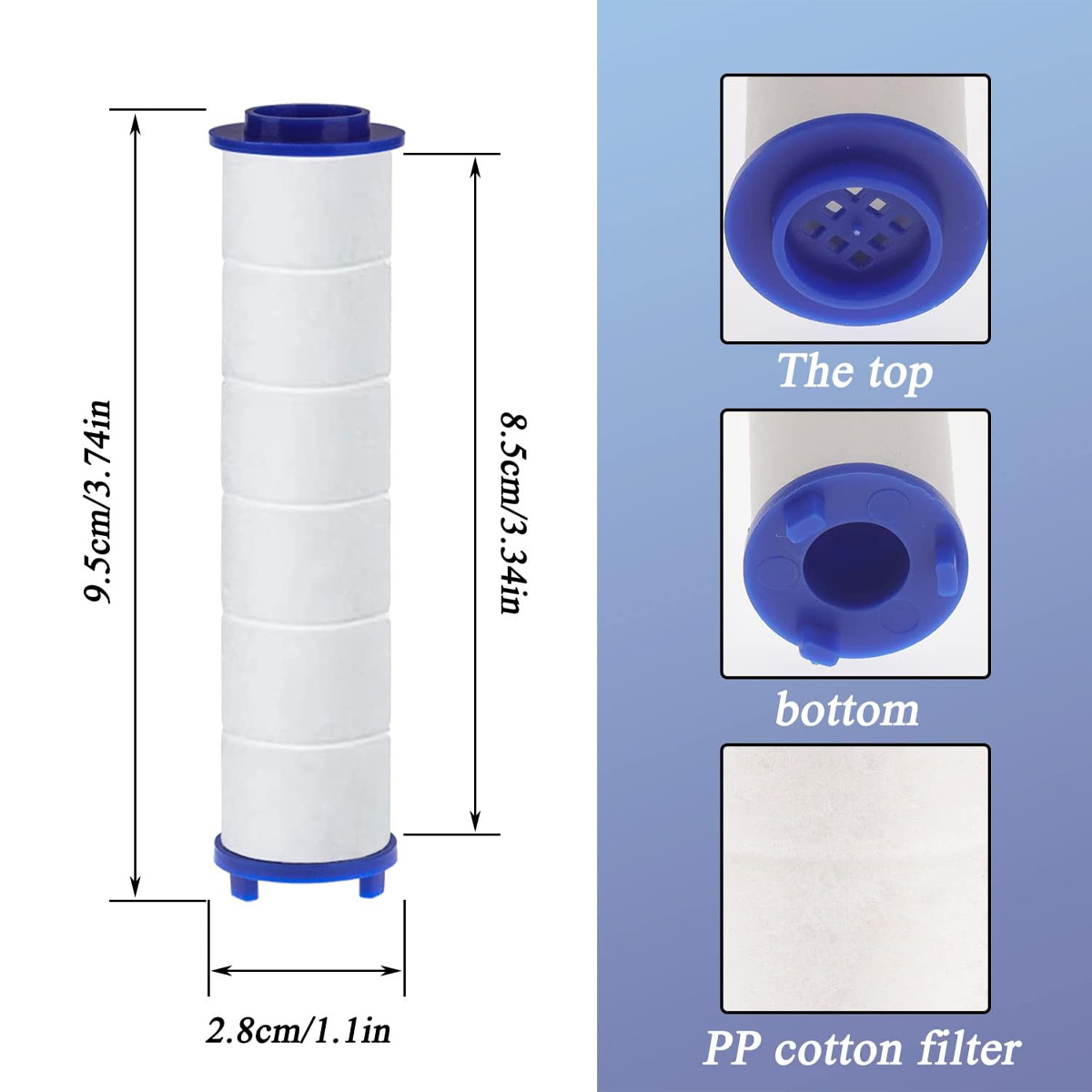 Ein weiß-blauer Wasserfilter mit Abmessungen. Details von oben und unten sind gezeigt. Es ist als PP-Baumwollfilter gekennzeichnet.