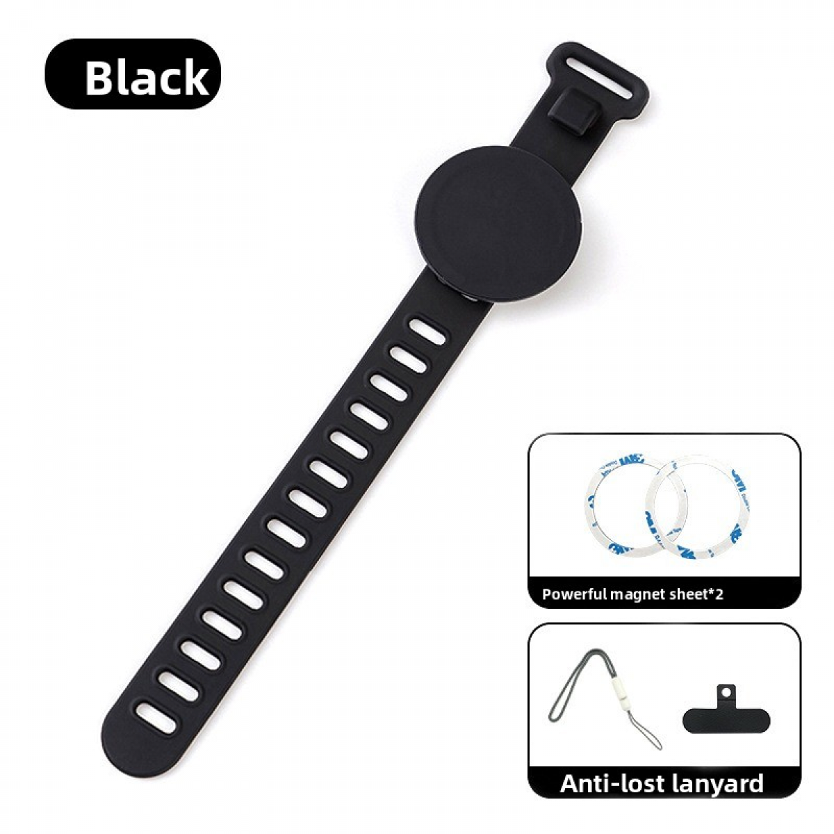 Schwarzes Armband mit rundem Scheibe und Lochband. Enthält Magnetfolien und Anti-Verlust-Lanyard-Set.